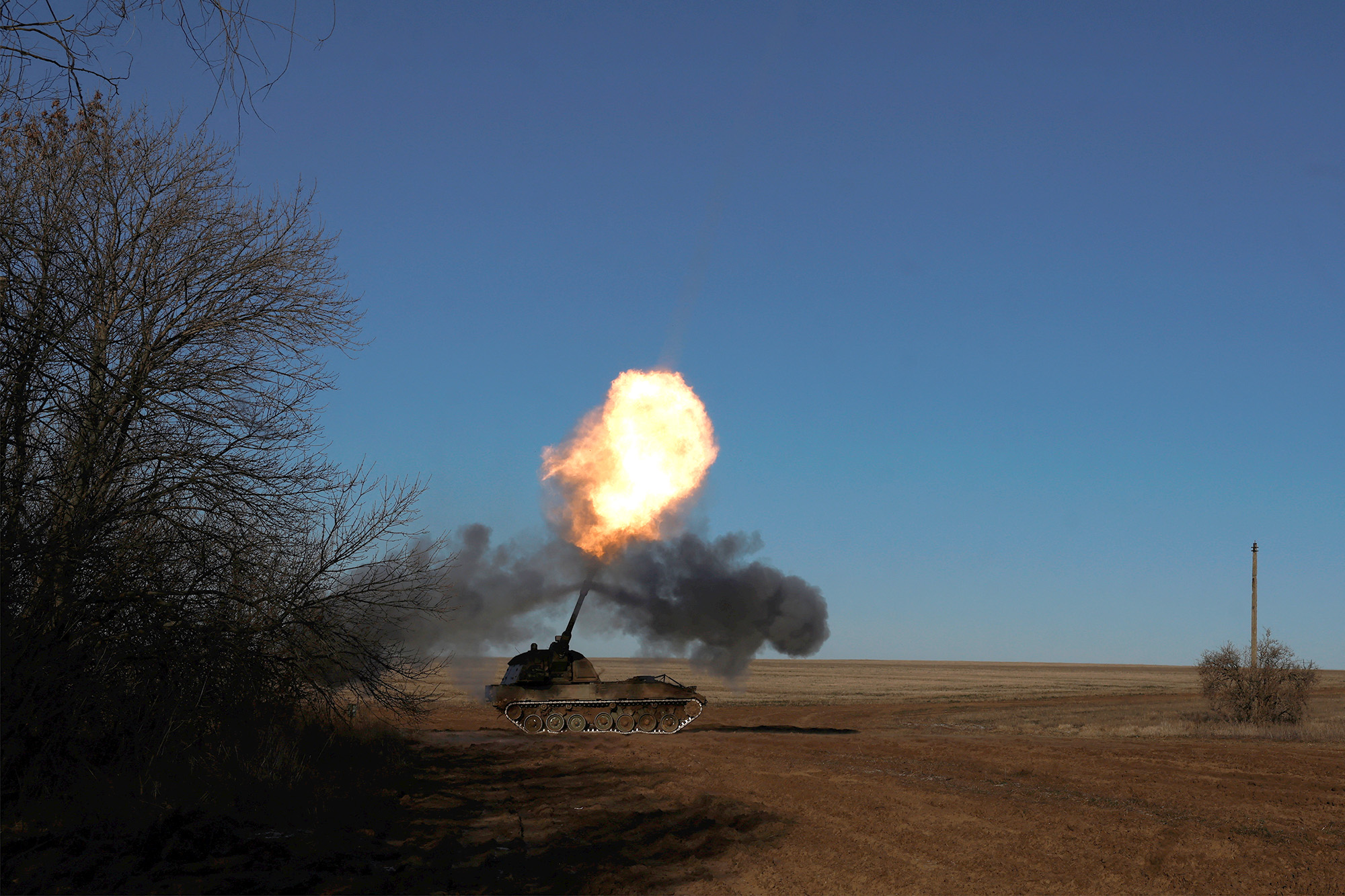 Ukrainian 43rd Heavy Artillery Brigade fire a German howitzer Panzerhaubitze 2000 near Soledar, Ukraine, on January 11.