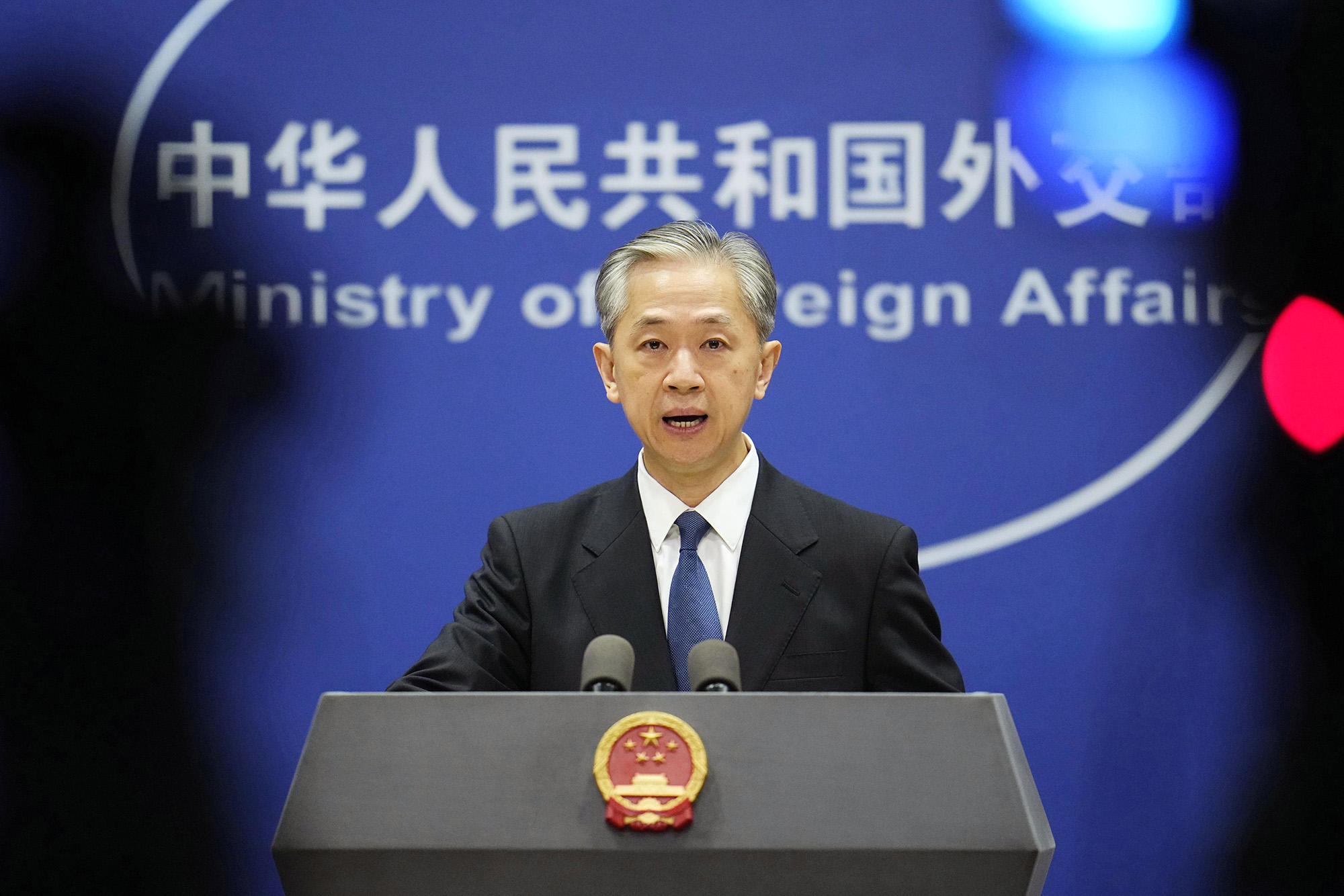 Chinese Foreign Ministry spokesman Wang Wenbin speaks at a news conference in Beijing on August 18.