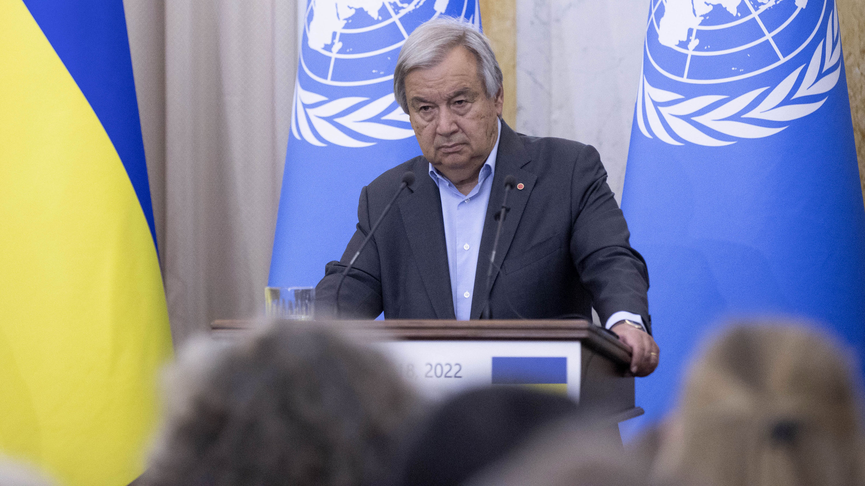 UN Secretary-General Antonio Guterres listens during a news conference in Lviv, Ukraine, on Thursday.