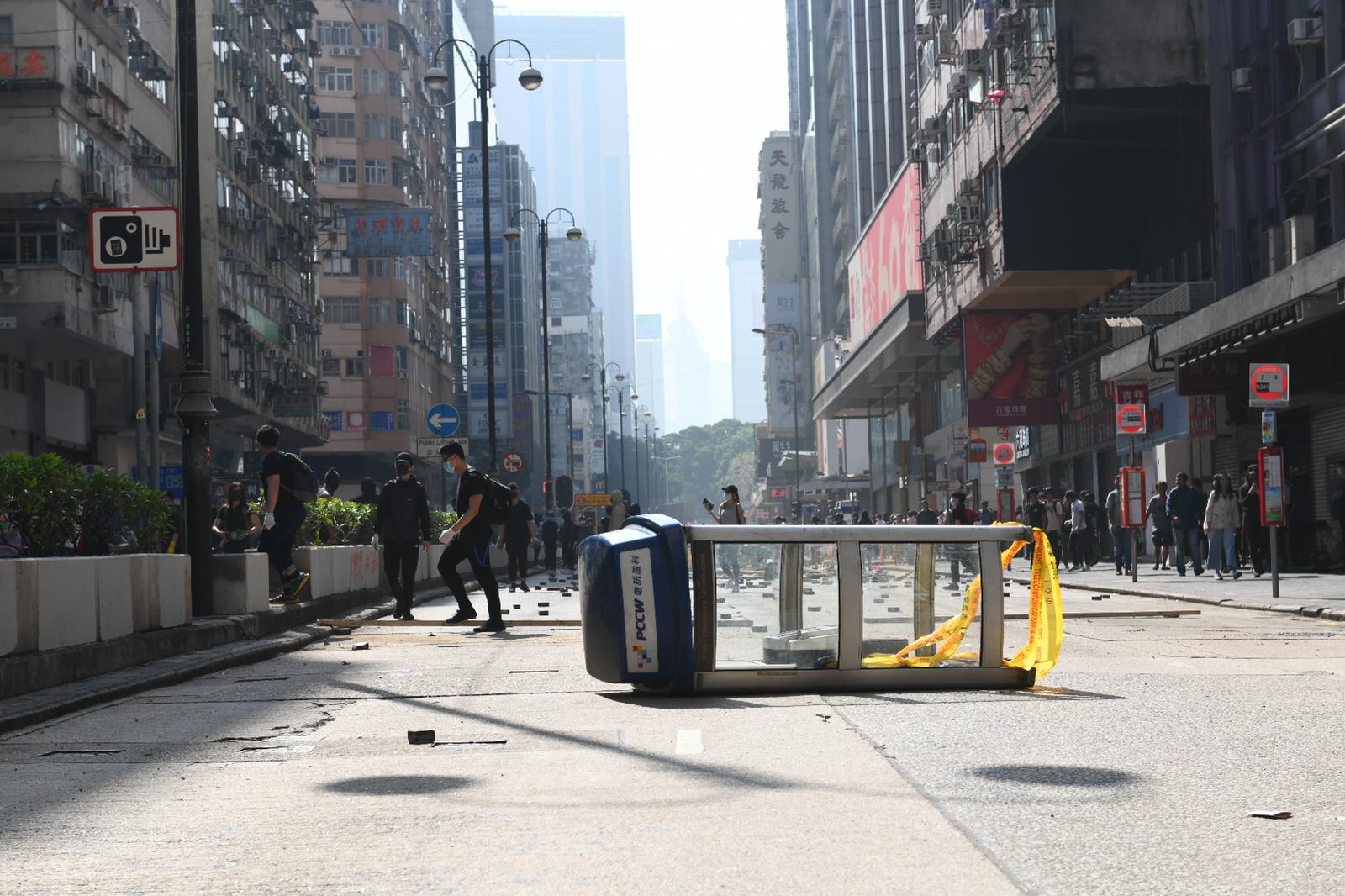 A phone booth used as a barricade in Kowloon, Hong Kong.