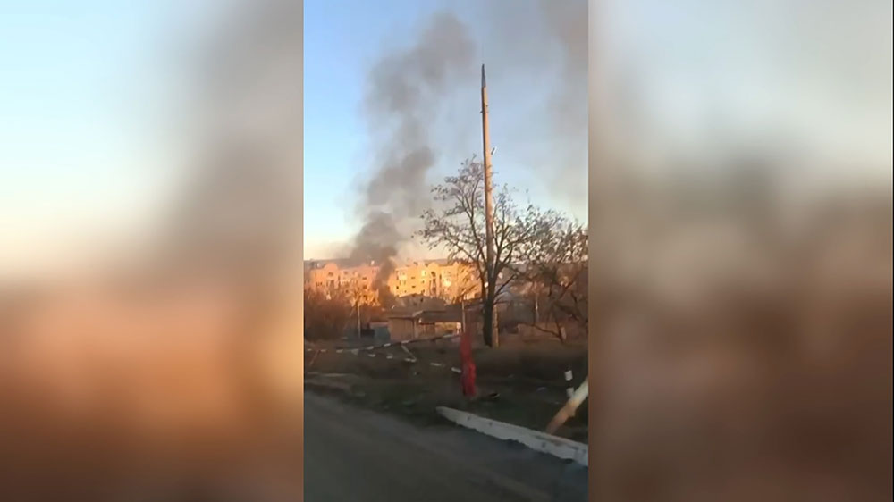 A frame from a video posted on Telegram shows smoke rising from fighting near Bakhmut.