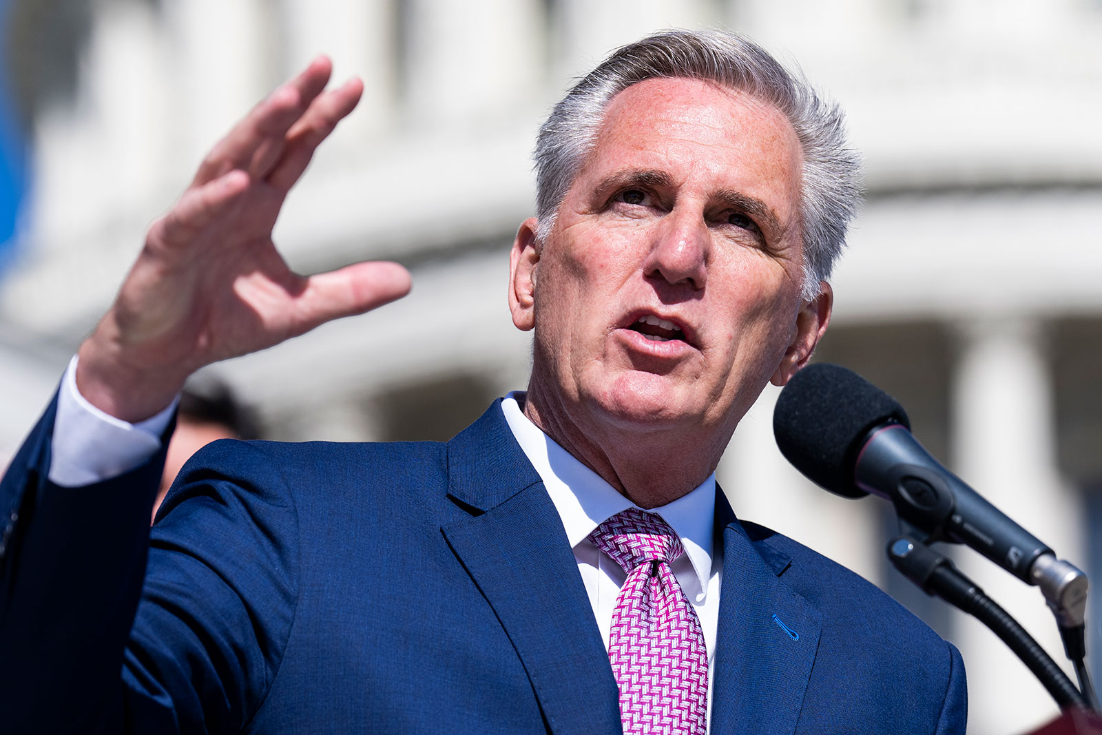 Kevin McCarthy speaks during a news conference outside of the US Capitol on September 29. 