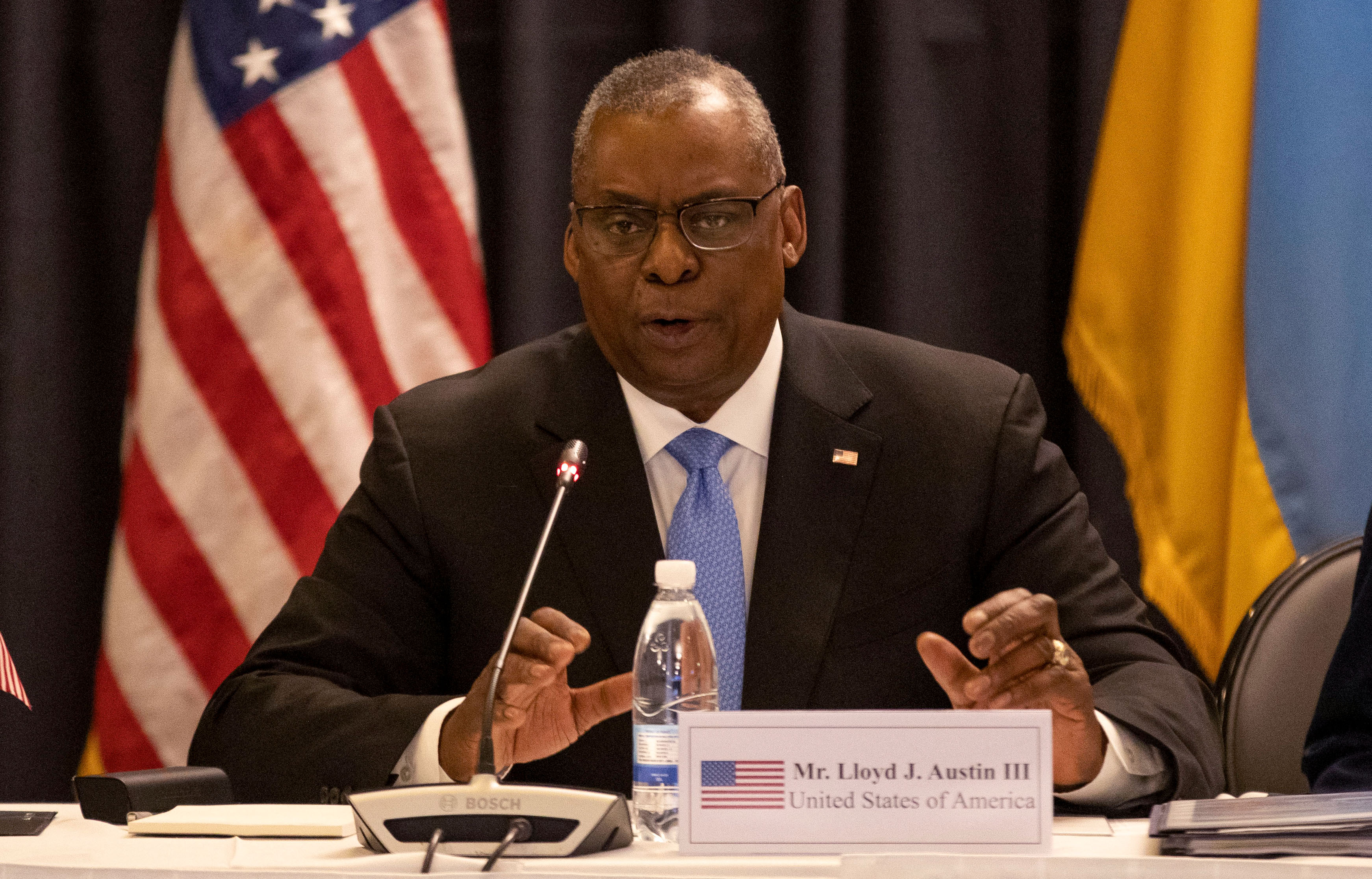 US Secretary of Defense Lloyd Austin speaks during a meeting with members of the Ukraine Security Consultative Group at the US Air Base in Ramstein, western Germany, on April 26.