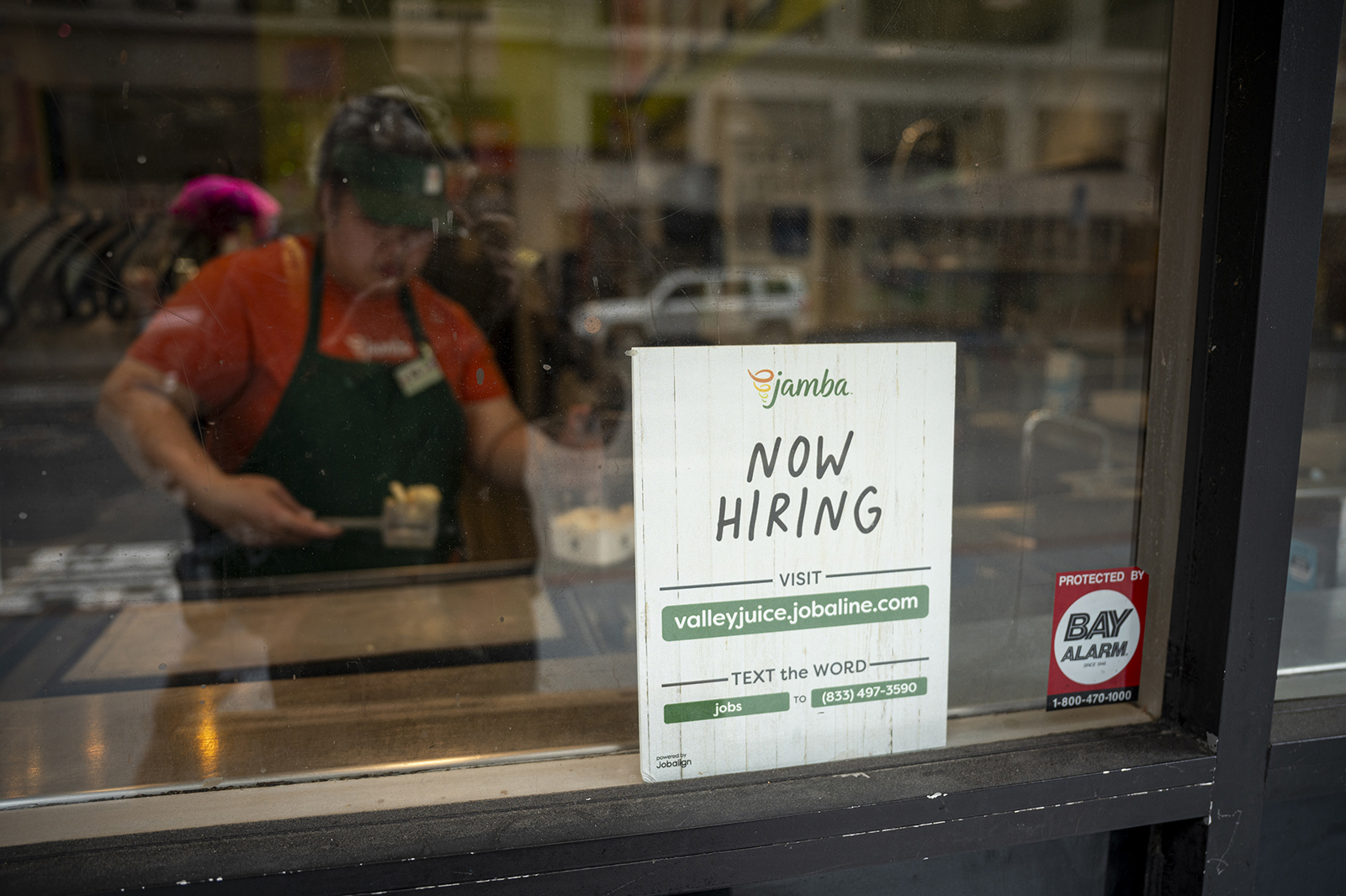 A "Now Hiring" sign at Jamba Juice in San Francisco, California, on June 26.