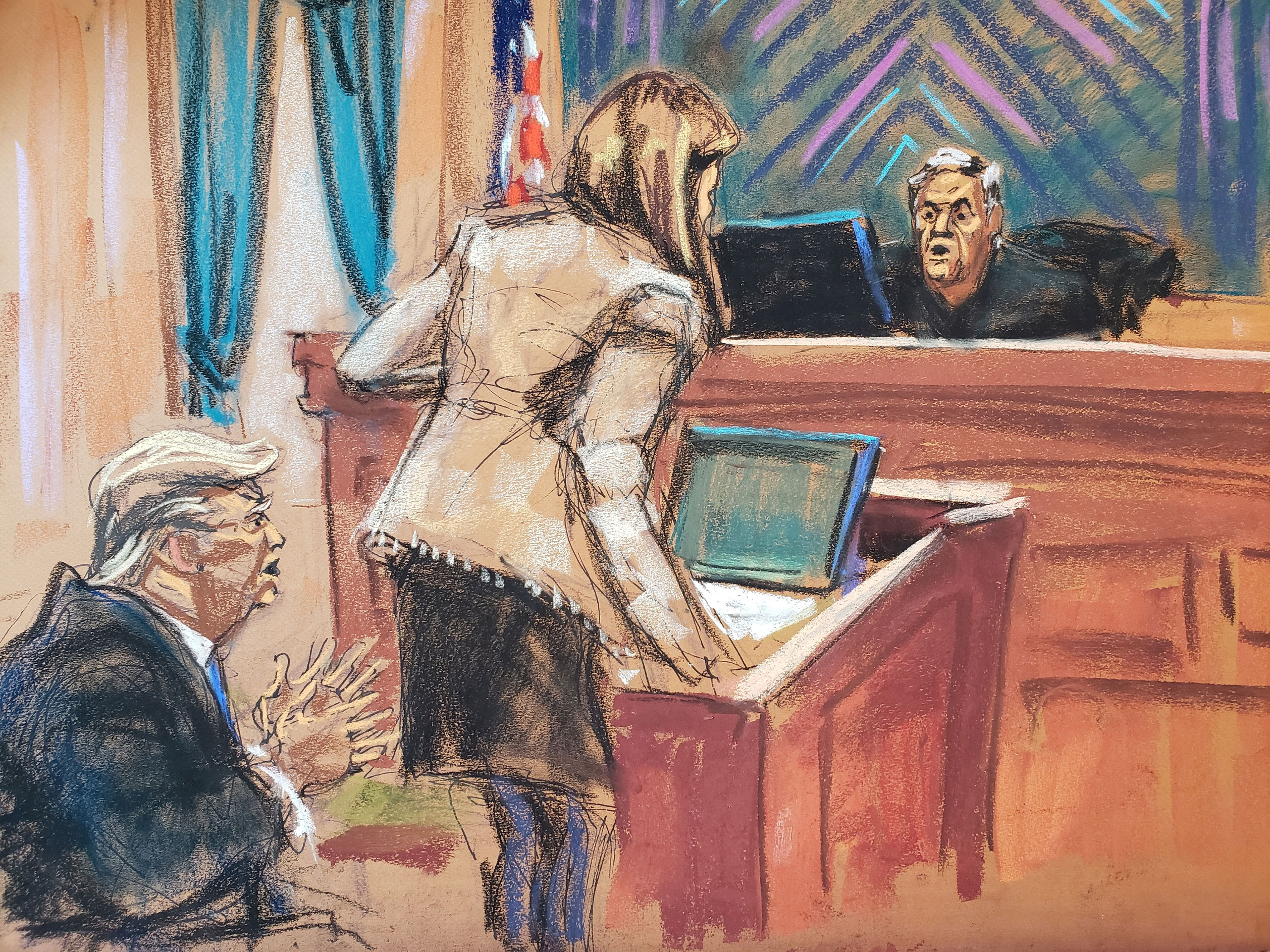 Donald Trump says, "I never met the woman," to Judge Lewis Kaplan as his lawyer Alina Habba stands on January 25, in this courtroom sketch. 