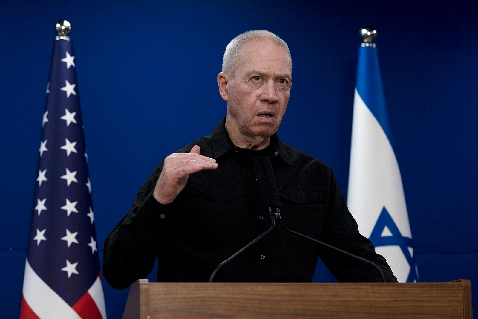 srael Minister of Defense Yoav Gallant speaks during a press conference in Tel Aviv, Israel, on Monday, December 18