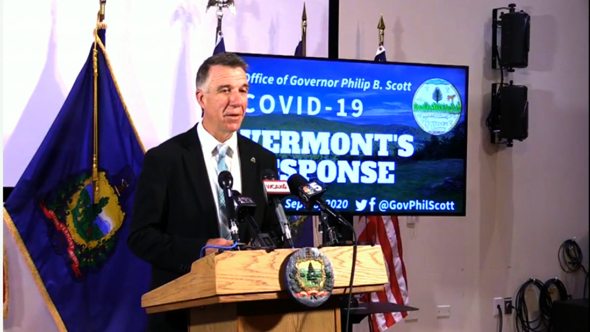 Vermont Gov. Phil Scott speaks during a news conference in Montpelier, Vermont, on September 8.