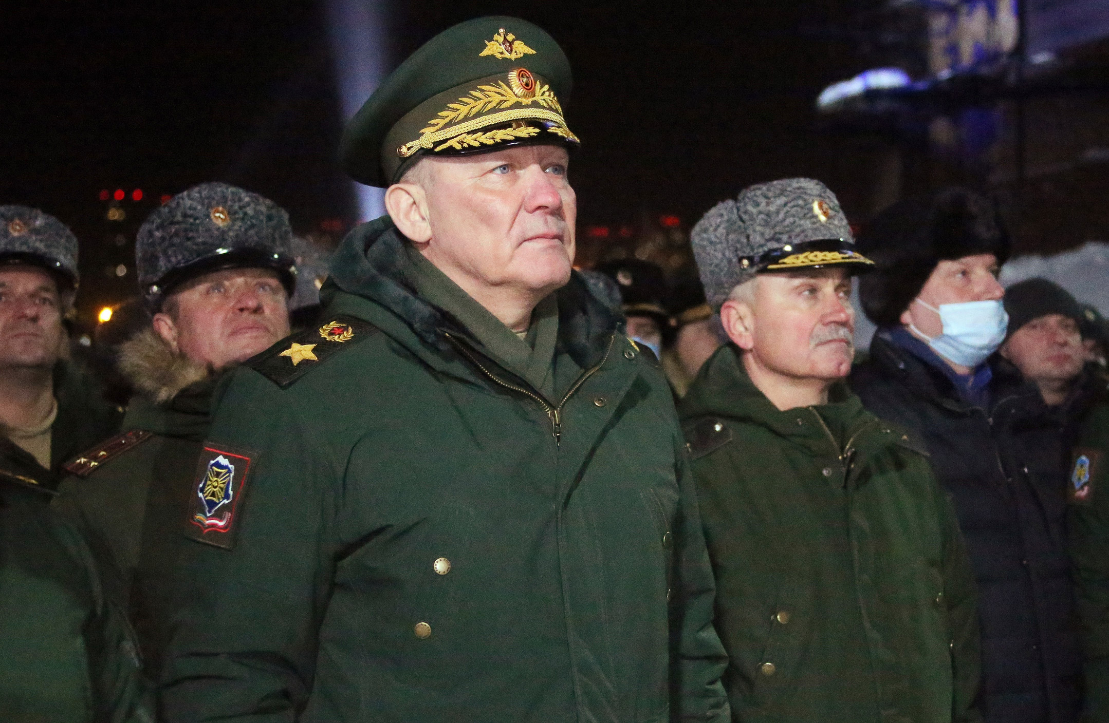 Army Gen. Alexander Dvornikov (center) is seen in this file photo in Rostov-on-Don, Russia, on January 18, 2021.