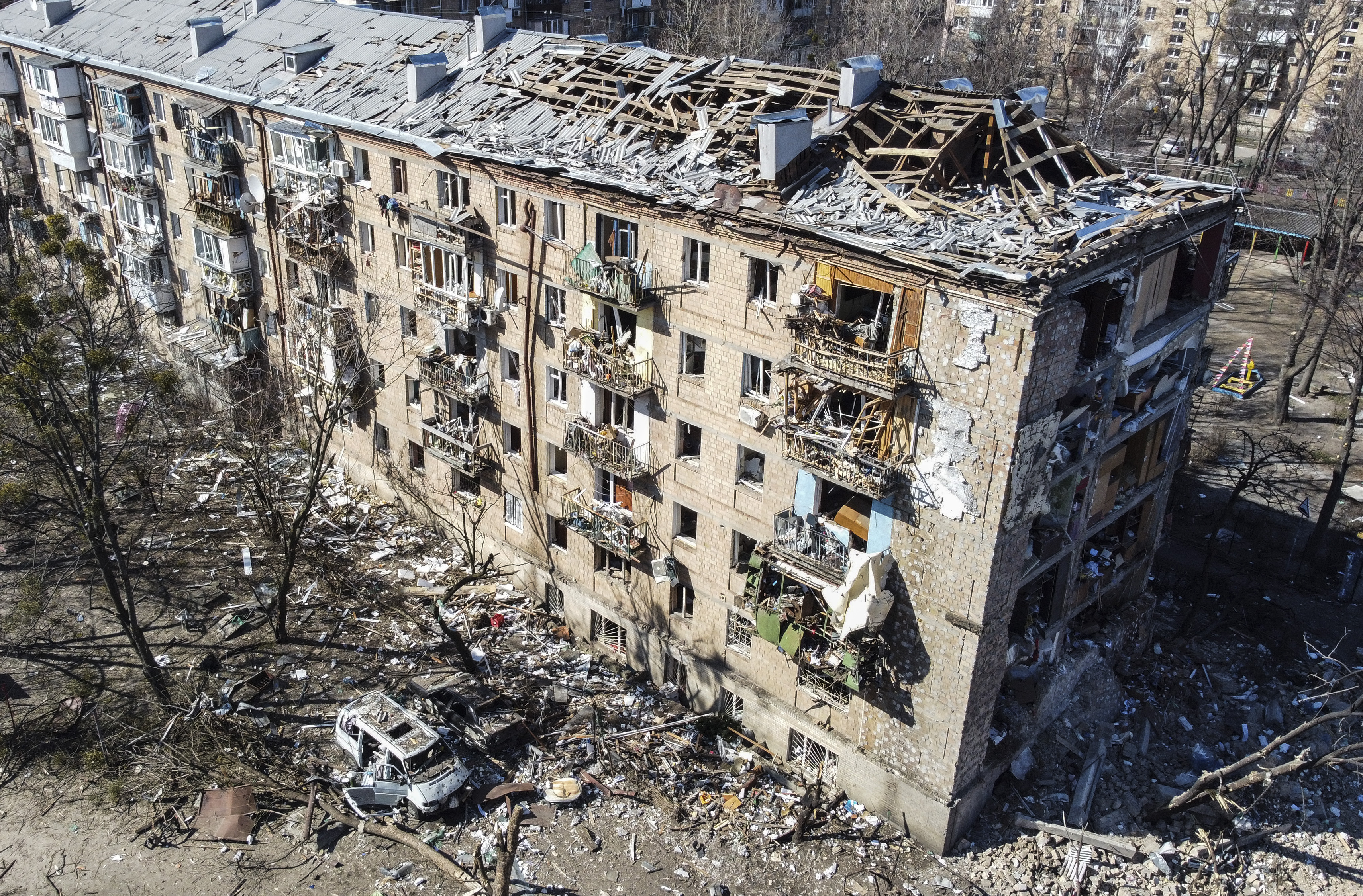 A destroyed apartment building in a residential area after shelling in Kyiv, Ukraine, on March 18.