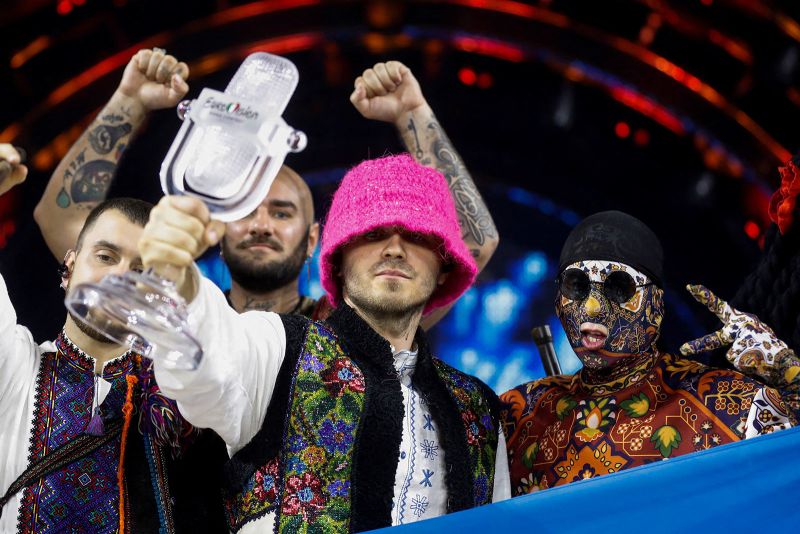 The Kalush Orchestra from Ukraine poses after winning the Eurovision Song Contest 2022 in Turin, Italy, on May 15.