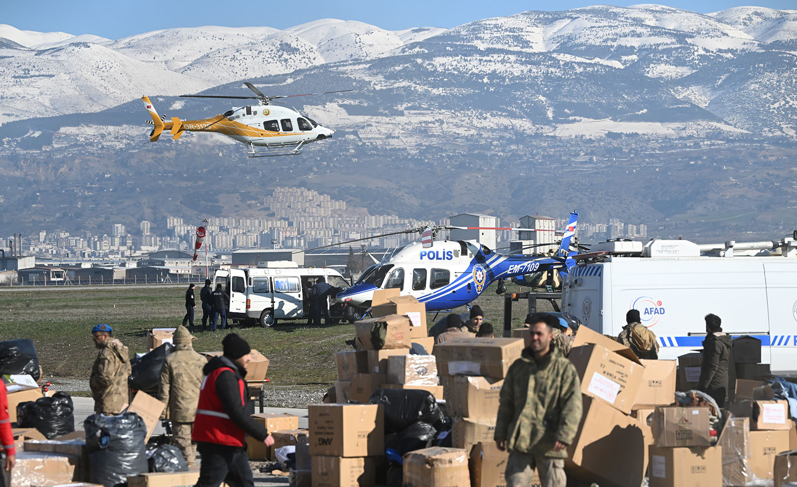 Humanitarian aid distribution and search and rescue work continues operations in Kahramanmaras, Turkey, on February 9. 