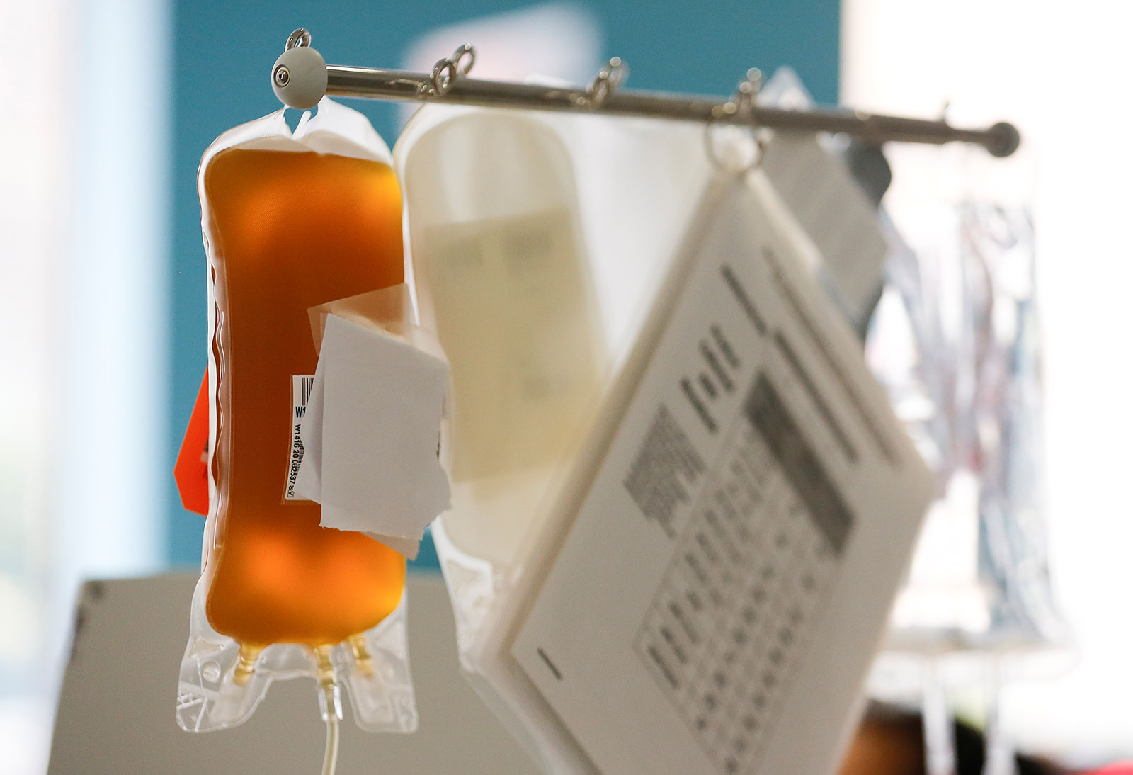 Convalescent plasma from a recovered coronavirus patient is seen at Central Seattle Donor Center of Bloodworks Northwest in Seattle, Washington.