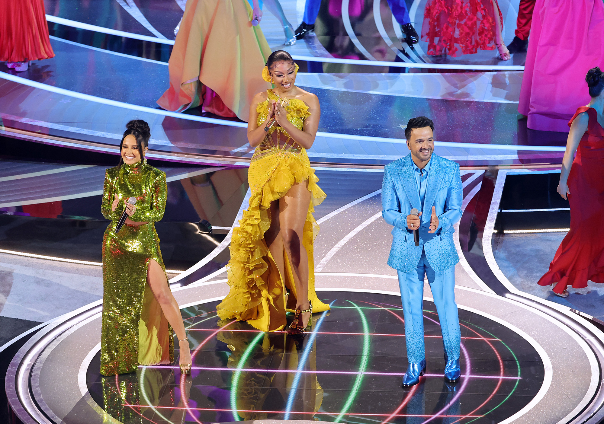 Becky G, Megan Thee Stallion, and Luis Fonsi perform onstage during the 94th Annual Academy Awards.