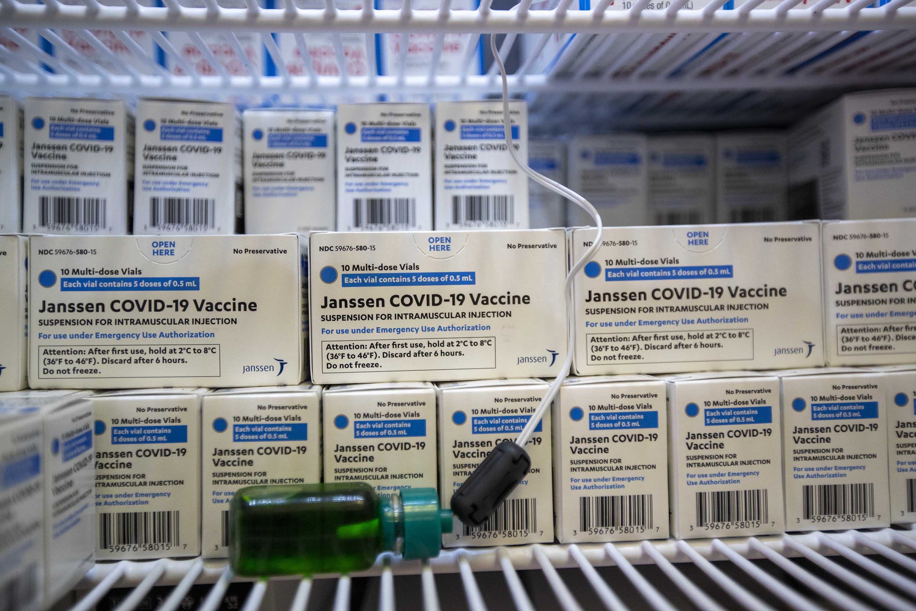 The Johnson & Johnson vaccine is pictured in storage at a facility in Los Angeles, California, on April 15. 