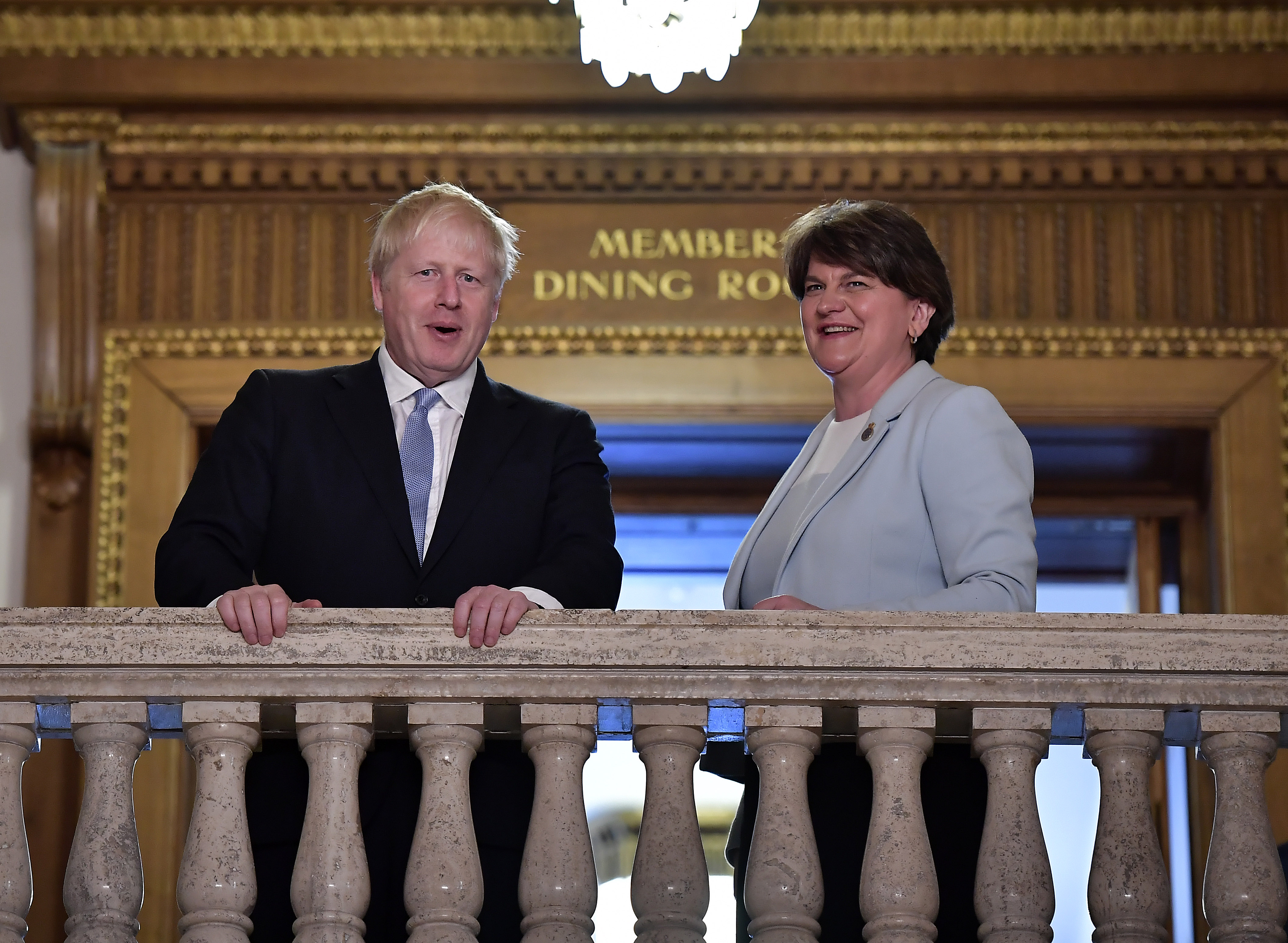 File picture of Boris Johnson and DUP leader Arlene Foster on July 2, 2019 in Belfast, Northern Ireland. 
