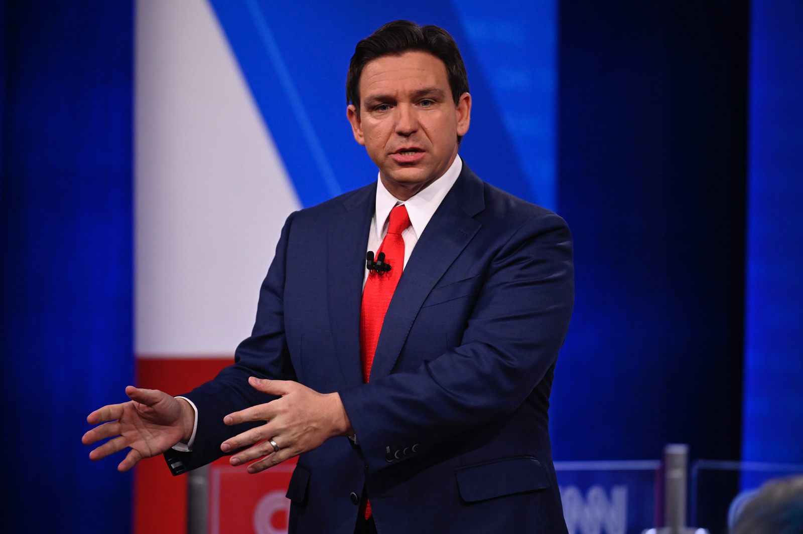 DeSantis gestures as he speaks during CNN's Republican Town Hall on Tuesday.