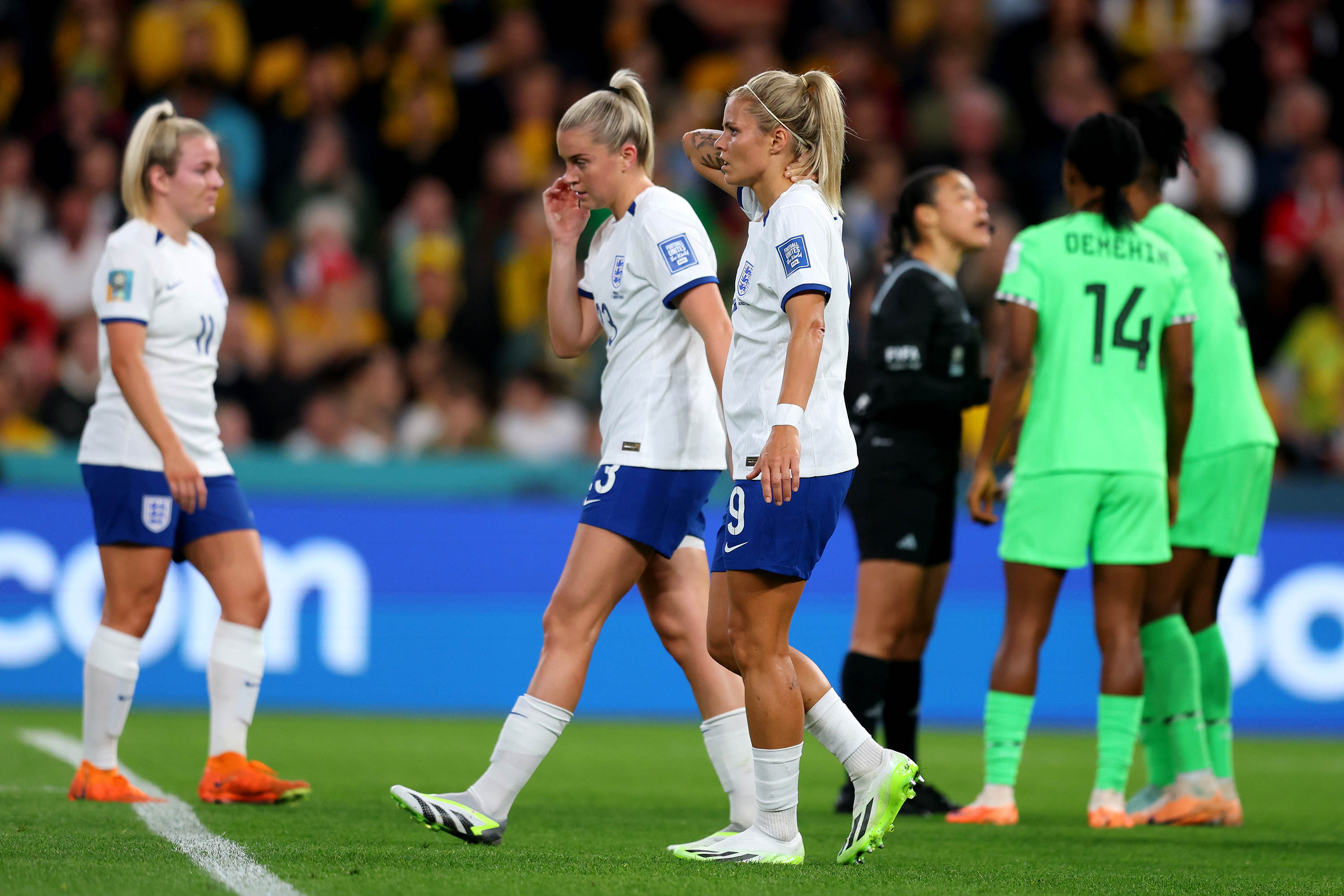 Rachel Daly of England reacts after a penalty is cancelled following a video assistant referee (VAR) review. 