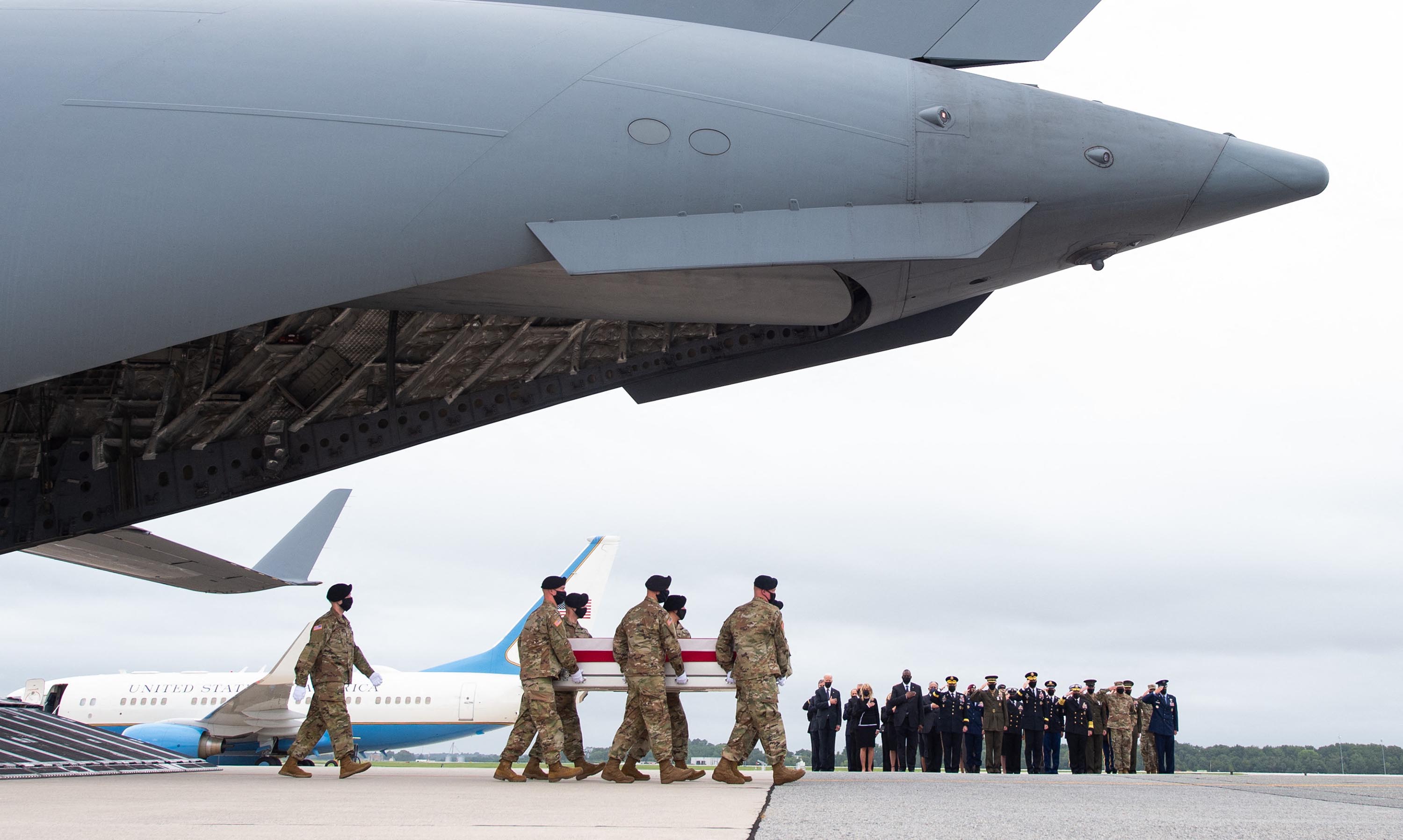 US President Joe Biden and other officials attend the dignified transfer of the remains of fallen service members at Dover Air Force Base in Dover, Delaware, August, 29, after 13 members of the US military were killed in Afghanistan last week.