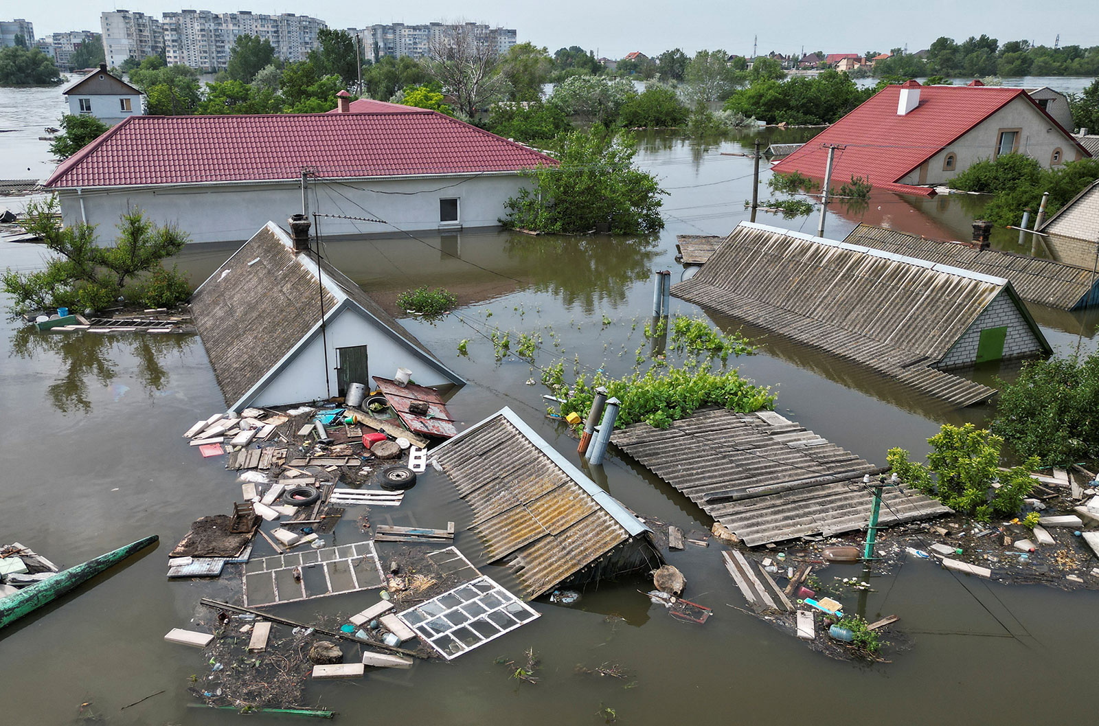 Fooded residential buildings are seen in Kherson, Ukraine on Thursday, June 8,