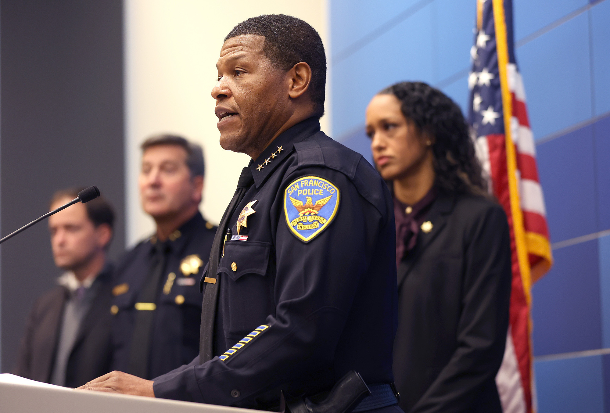 San Francisco Police Chief William Scott speaks with reporters about the break in and attack at the home of House Speaker Nancy Pelosi on October 28.