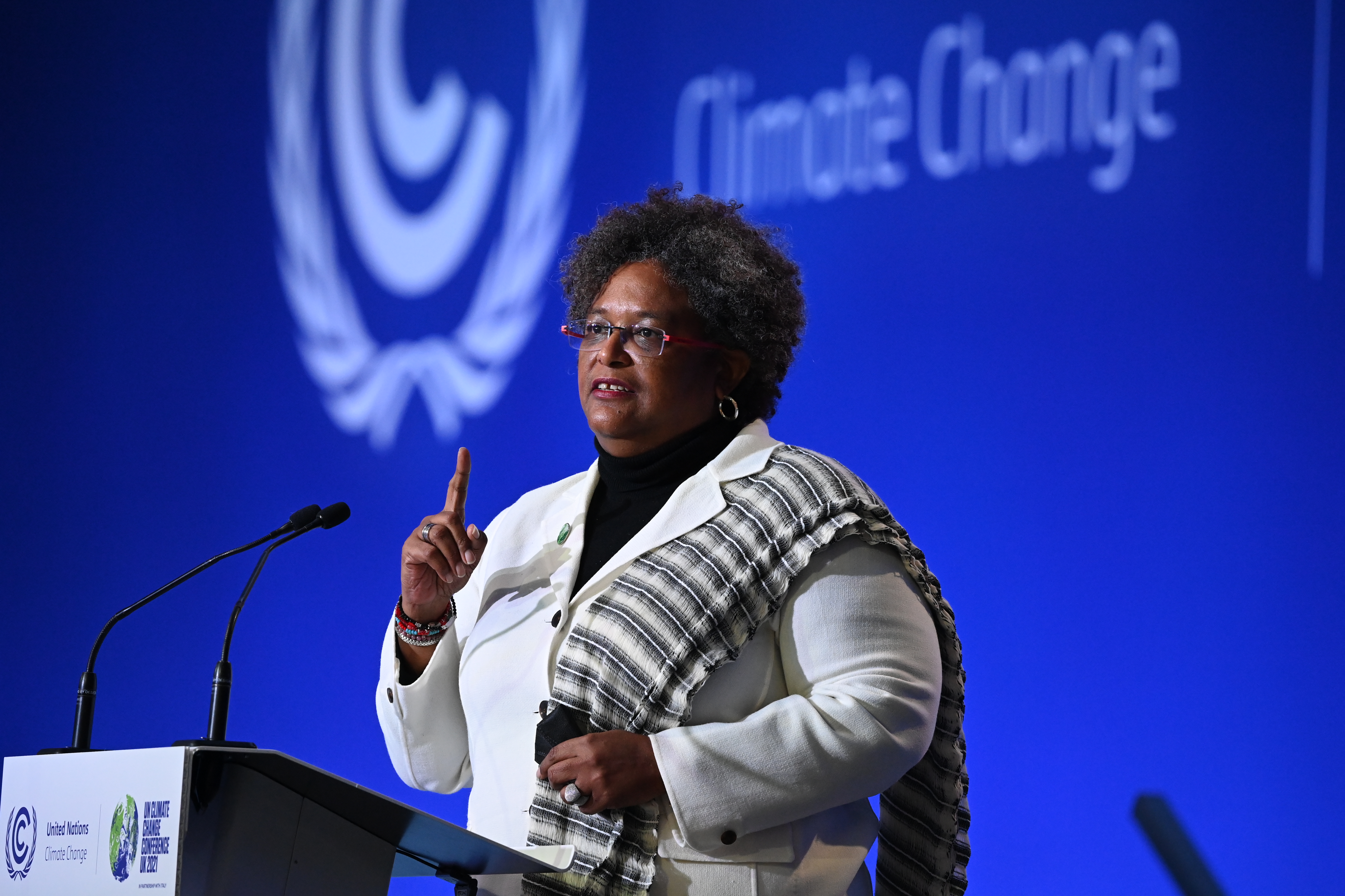 Prime Minister of Barbados Mia Mottley speaks during the opening ceremony of the UN Climate Change Conference on Monday. 