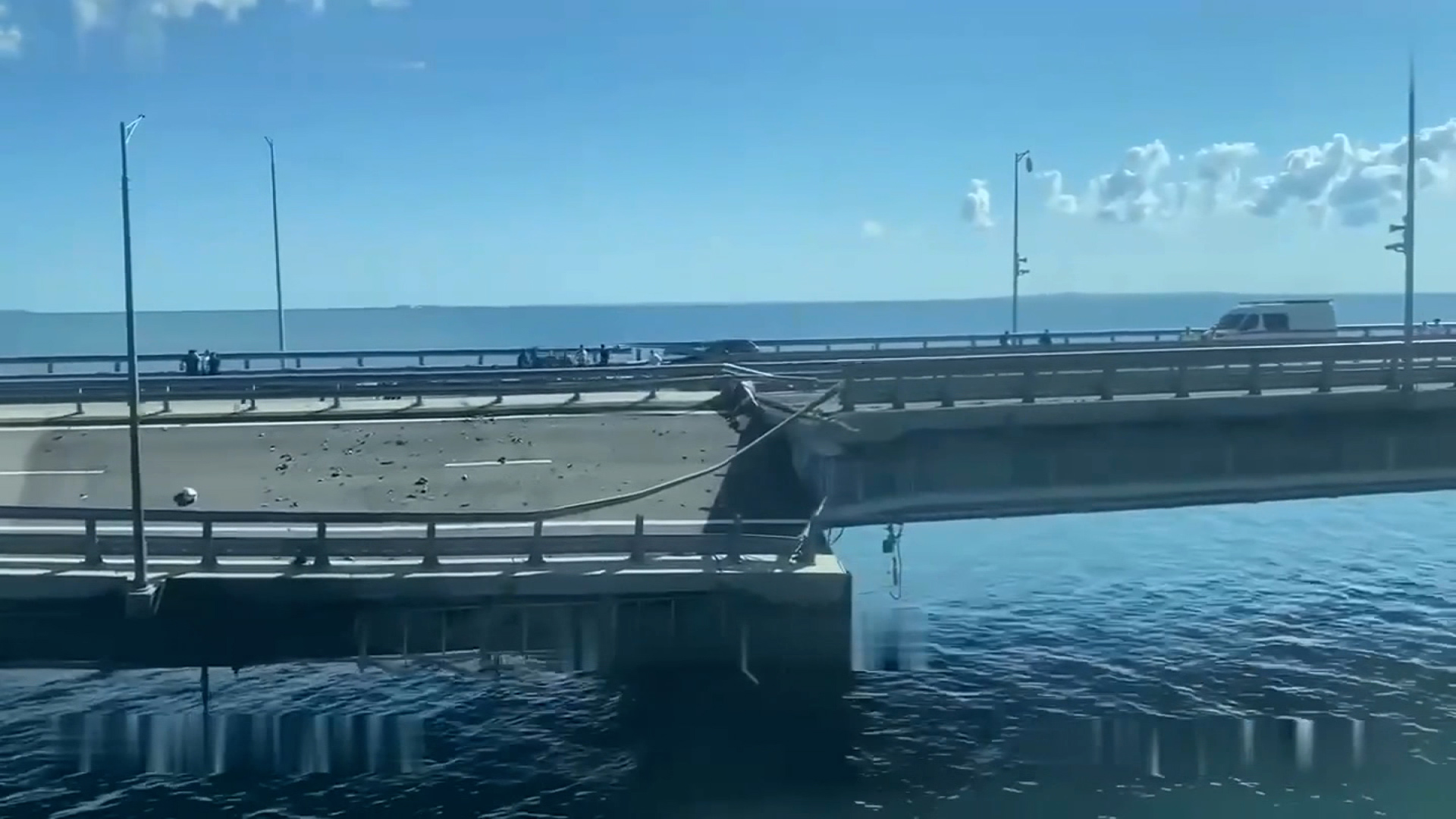 A screengrab from a video shows damage to the Crimea Bridge on July 17, 2023.