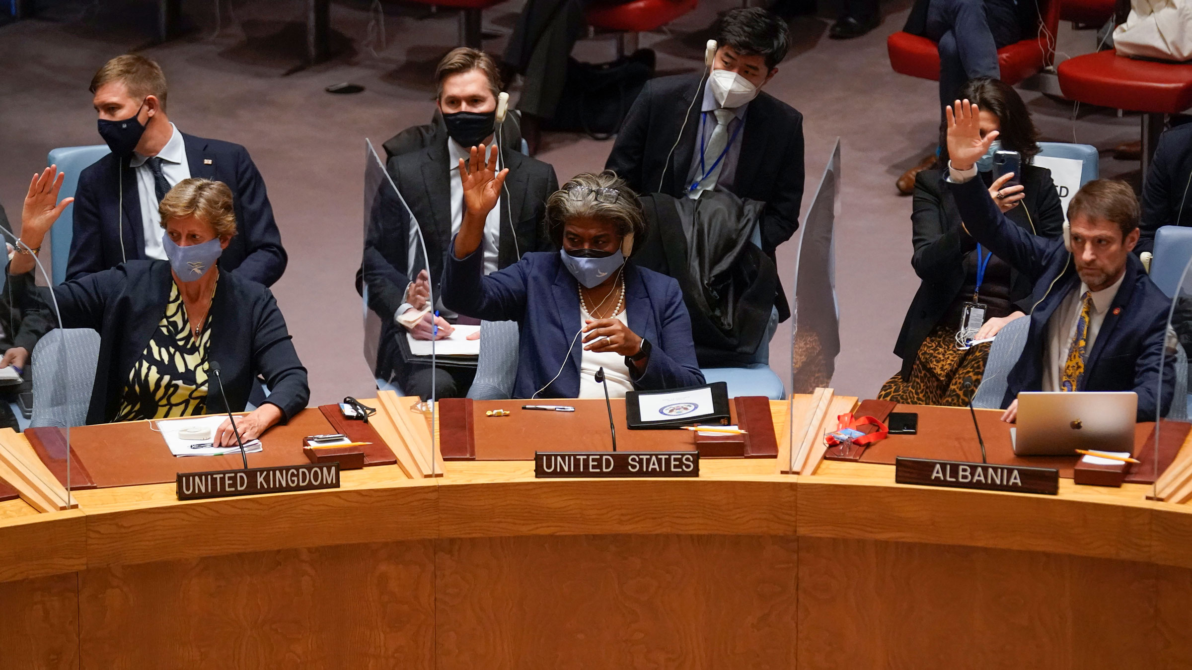 Linda Thomas-Greenfield, the United States' ambassador to the United Nations, is seen at center while casting a vote at UN Headquarters on Sunday.