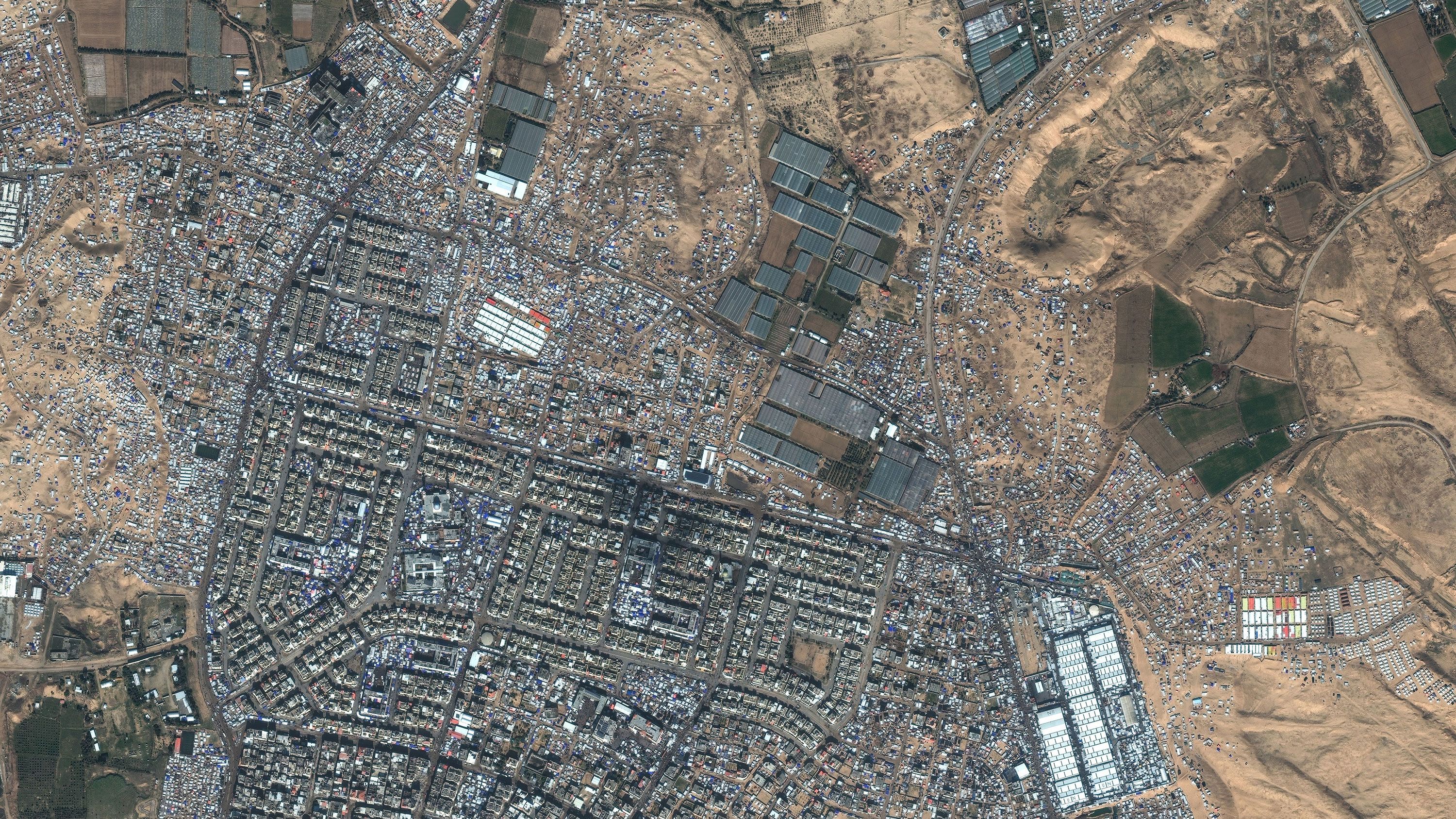 A satellite image shows Rafah, Gaza, on February 3, 2024.