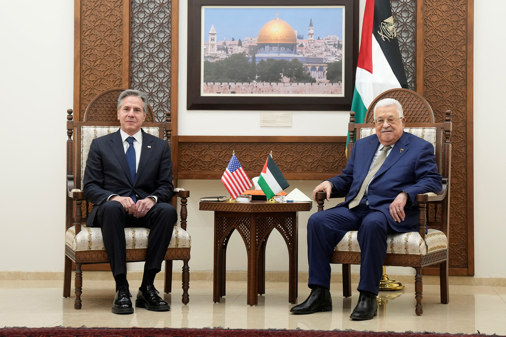 U.S. Secretary of State Antony Blinken, left, and Palestinian President Mahmoud Abbas meet in the West Bank town of Ramallah, on February 7.