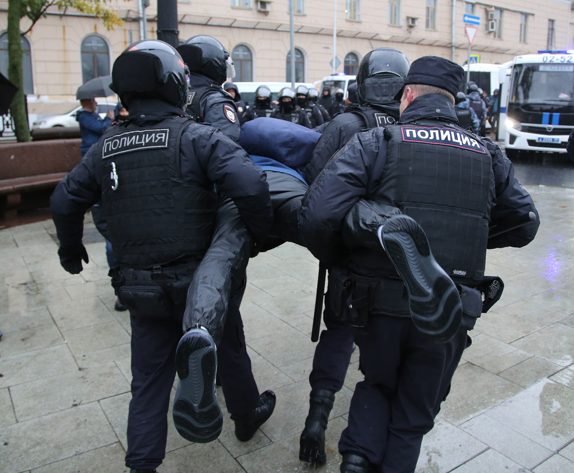 Police officers detain a protester during an unsanctioned rally in protest against the military invasion on Ukraine and partial mobilization on September 24, in Moscow, Russia. 
