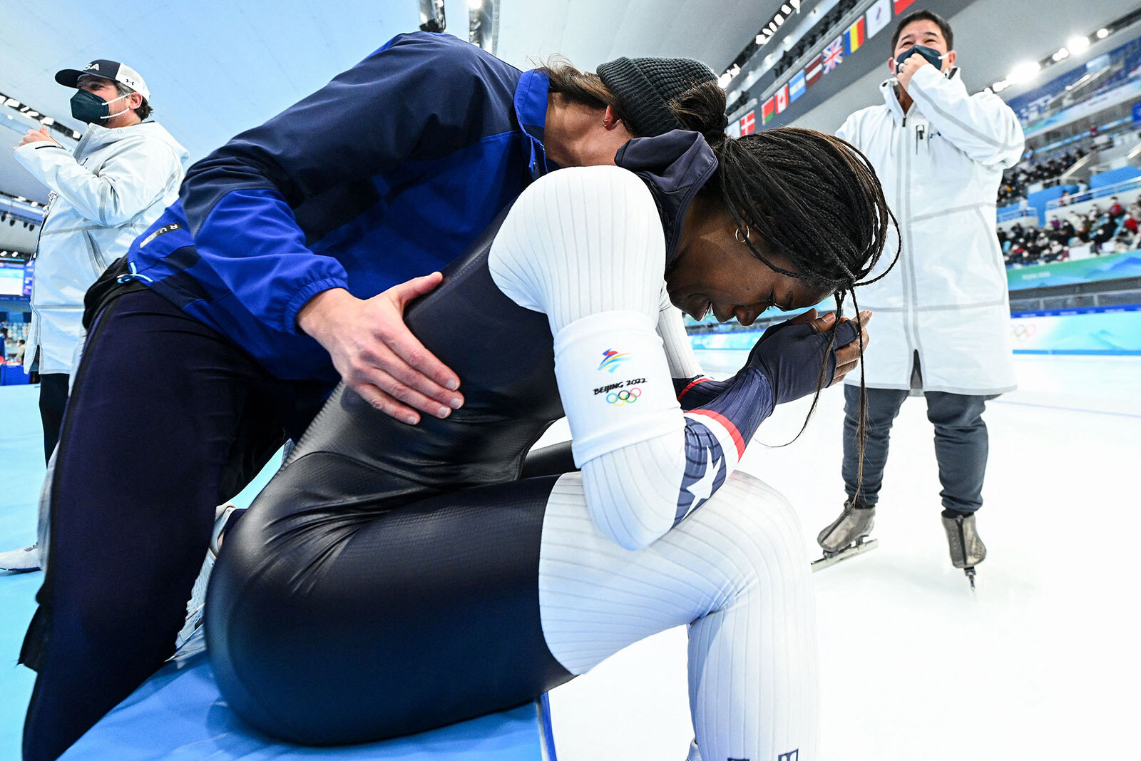 American Erin Jackson celebrates gold in the women's 500m speed skating event on February 13. Jackson is the first Black woman to win an individual Olympic medal in speed skating, according to Team USA.