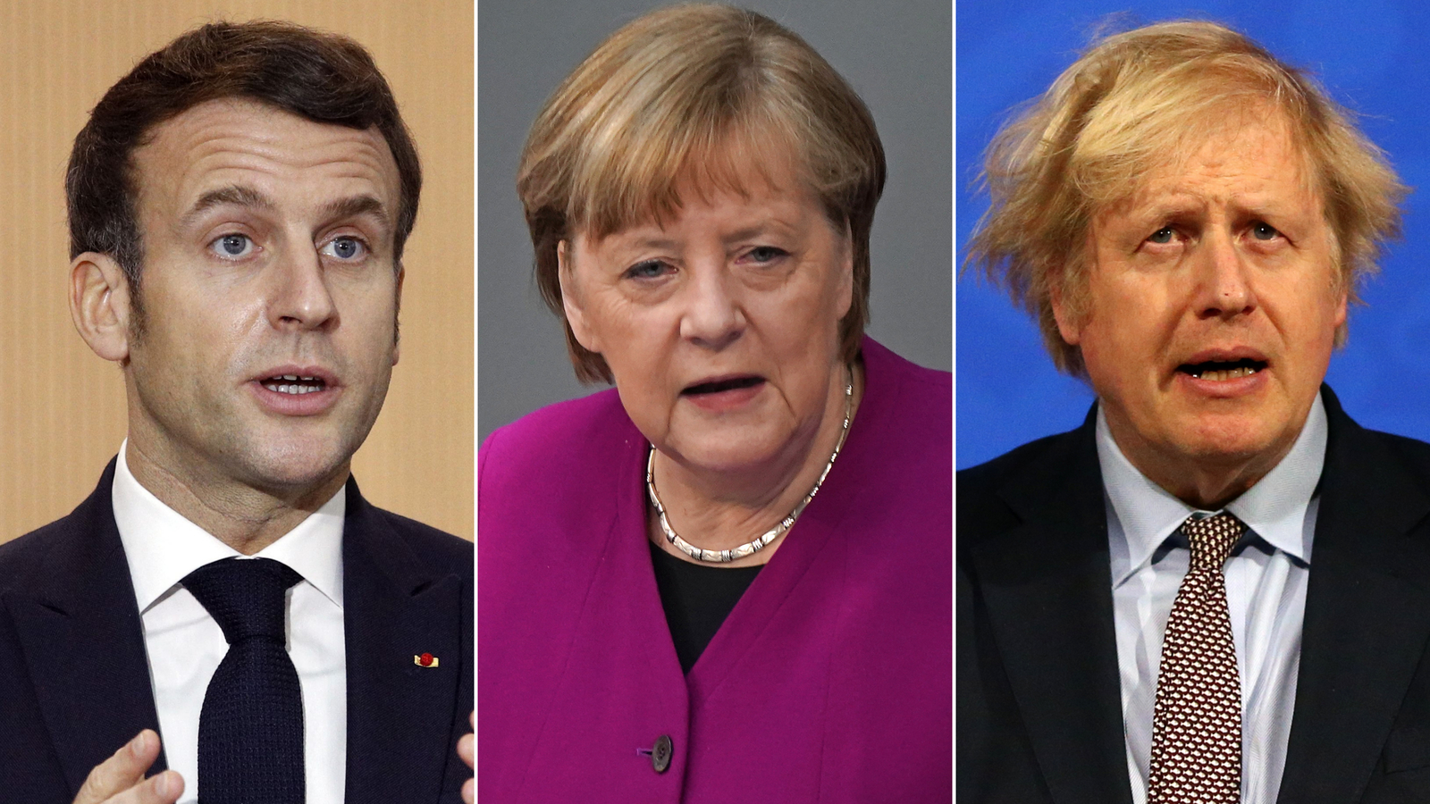 French President Emmanuel Macron, German Chancellor Angela Merkel and British Prime Minister Boris Johnson.