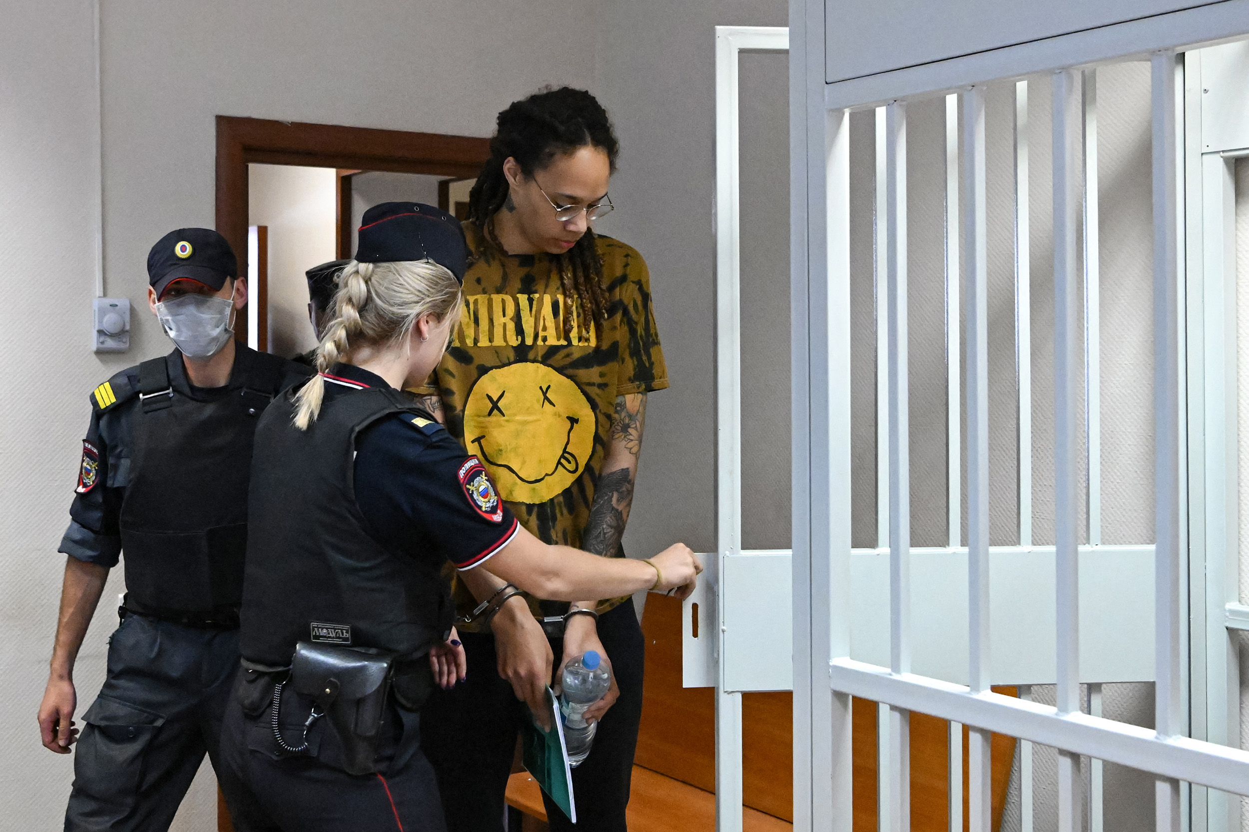 US WNBA basketball superstar Brittney Griner enters a defendants' cage before a hearing at the Khimki Court in the town of Khimki outside Moscow, Russia, on July 15.