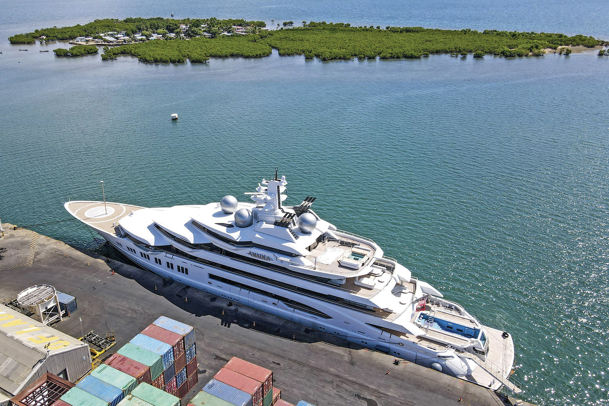The super yacht Amadea is docked at the Queens Wharf in Lautoka, Fiji, on April 15.