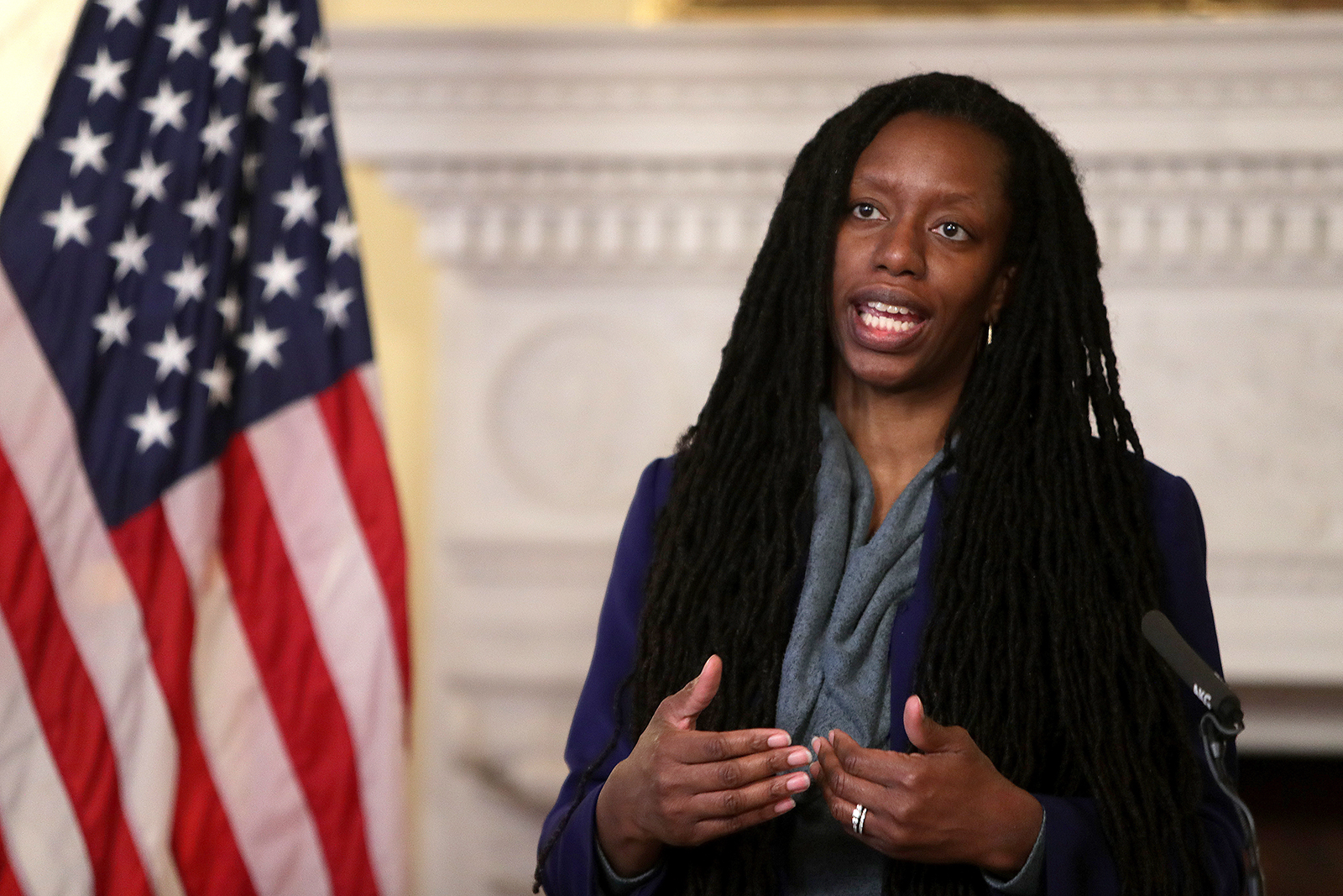 Dr. Nicole Alexander-Scott, director of the state Department of Health, provide the daily update on the coronavirus in Providence, Rhode Island, on April 21.