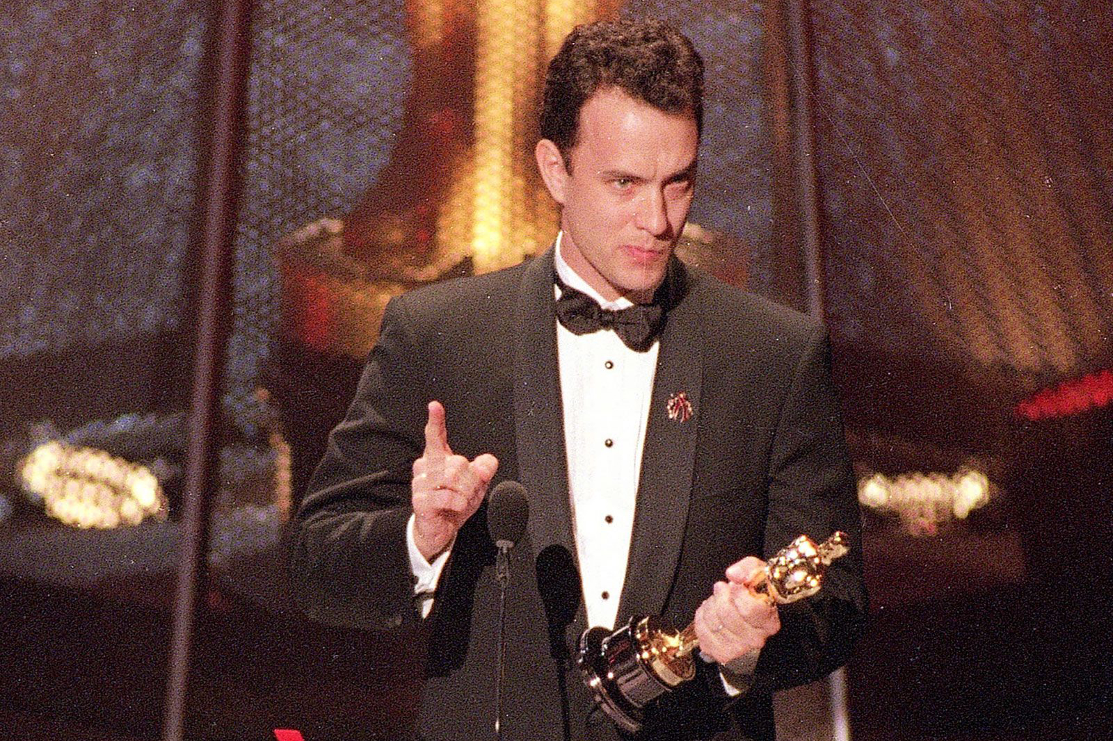 Tom Hanks gives an acceptance speech at the 66th Annual Academy Awards on March 21, 1994. Hanks won for his role in the movie "Philadelphia." 