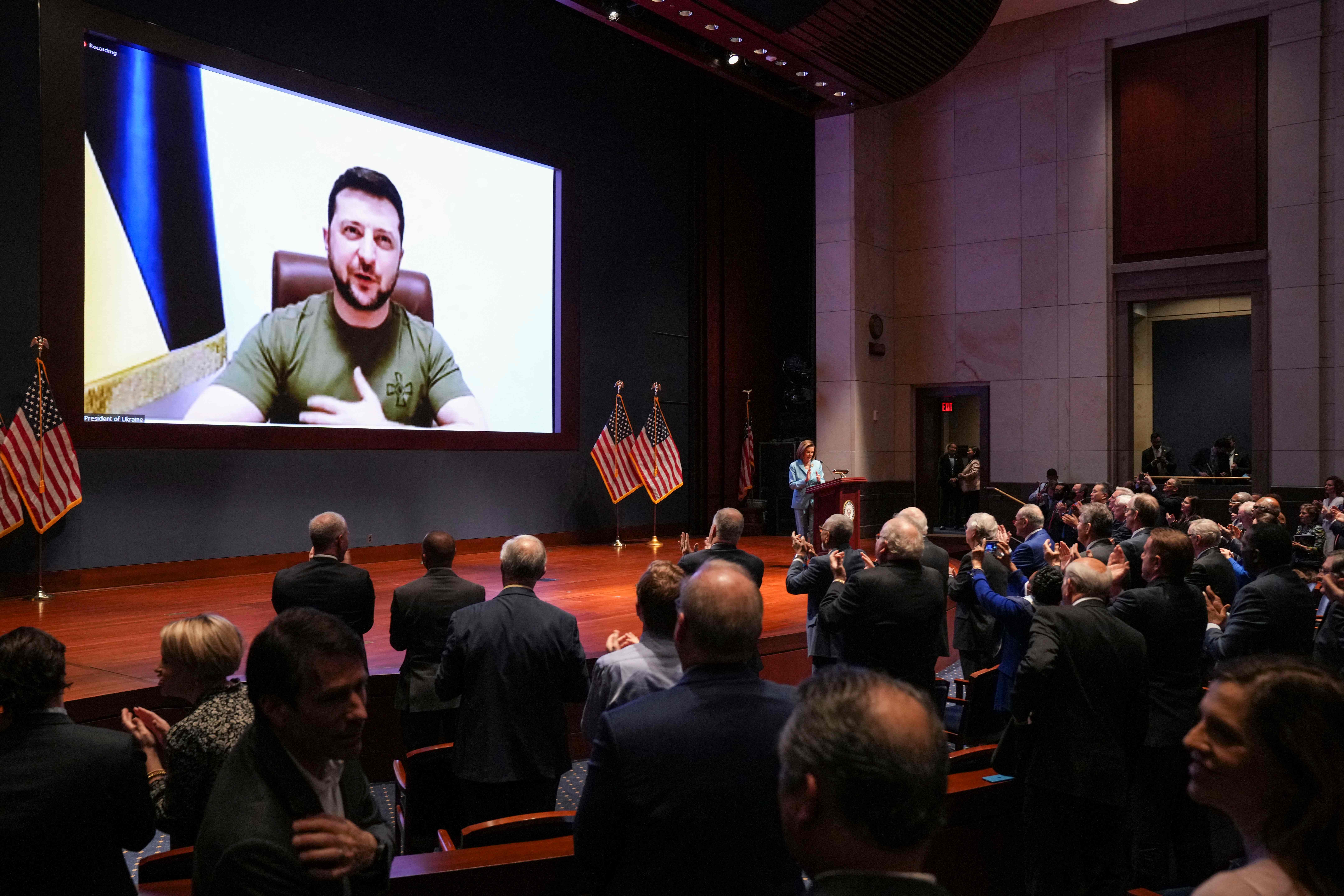 Ukrainian President Volodymyr Zelensky virtually addresses the US Congress on March 16 at the US Capitol Visitor Center Congressional Auditorium, in Washington, DC. 