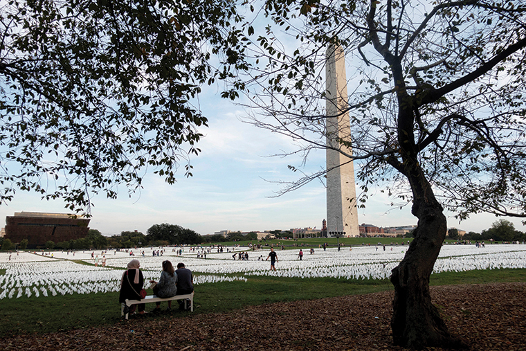 White flags honoring the lives lost to COVID-19 are seen on the National Mall in Washington, D.C., the United States, on Oct. 2, 2021. 