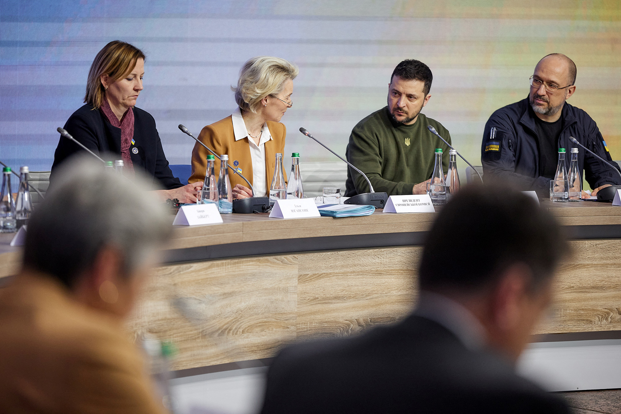 Ukraine's President Volodymyr Zelensky, second right, Prime Minister Denys Shmyhal, right, and European Commission President Ursula von der Leyen, second left, attend EU summit in Kyiv, Ukraine, on February 2. 