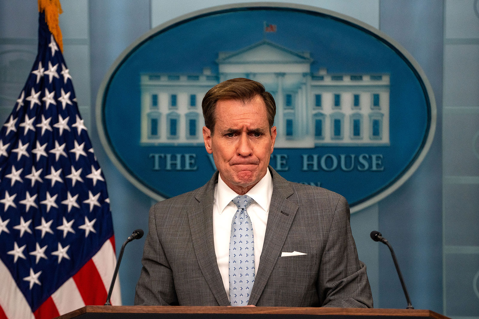 White House National Security Communications Advisor John Kirby takes questions during a news briefing at the White House on Tuesday, April 2.