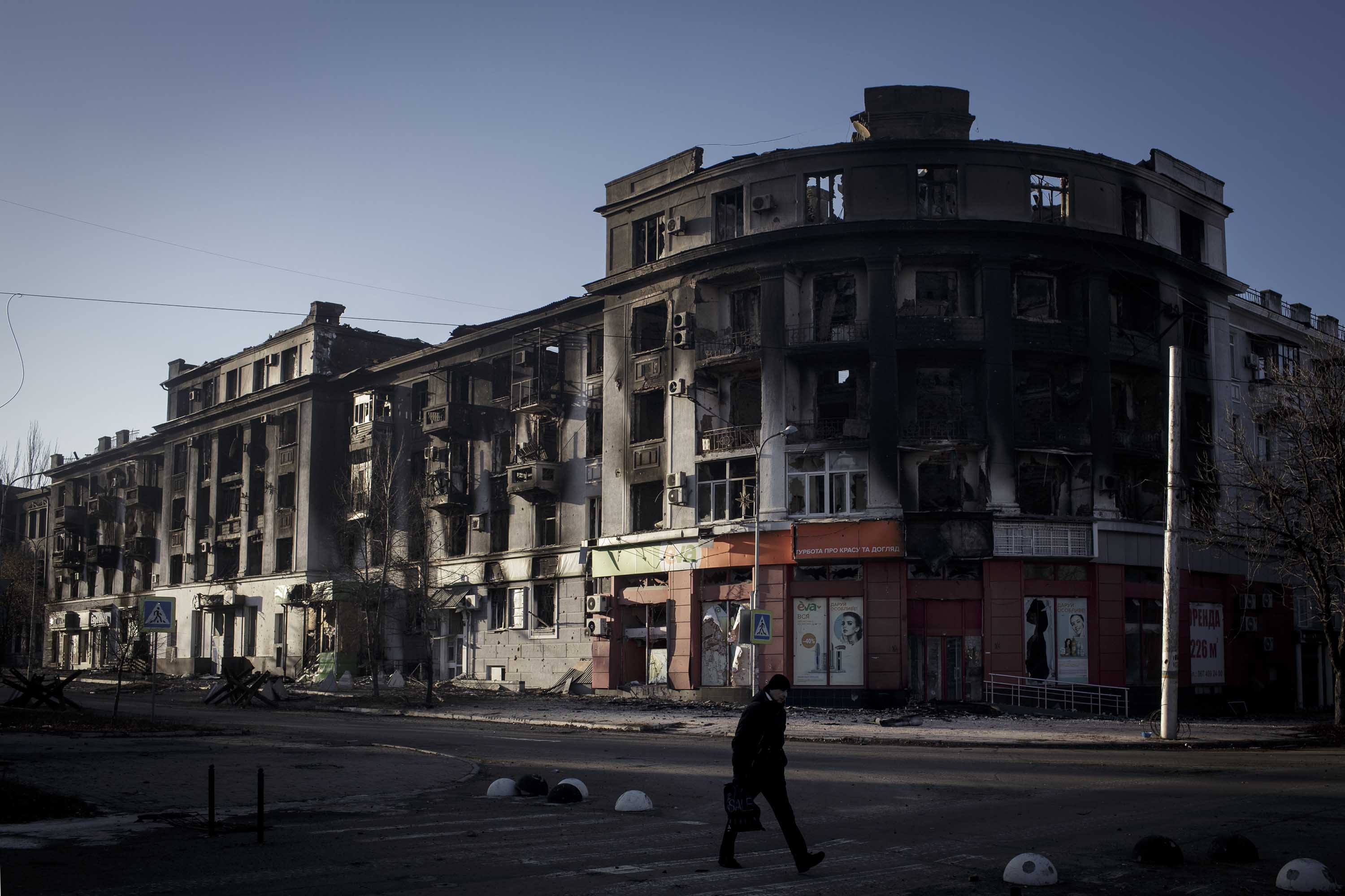 Damaged buildings are seen after Russian shelling in Bakhmut, Ukraine on February 10.