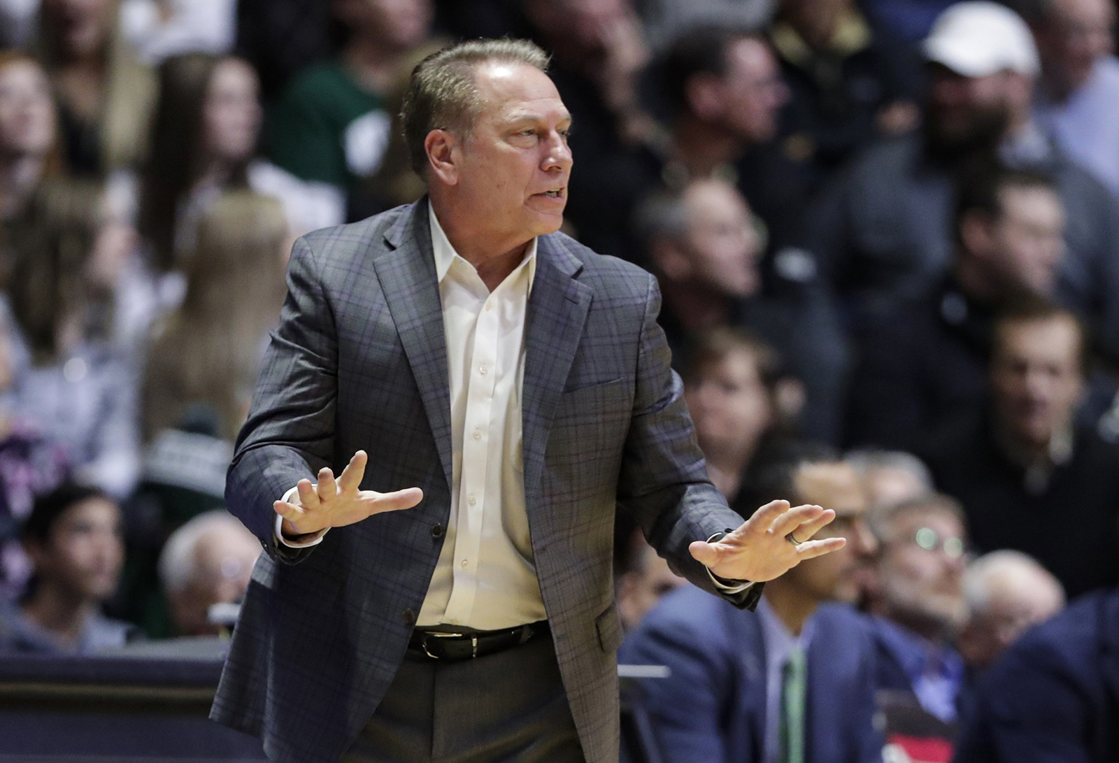 In this Jan. 12, 2020, file photo, Michigan State coach Tom Izzo gestures during the second half of the team's NCAA college basketball game against Purdue in West Lafayette, Indiana