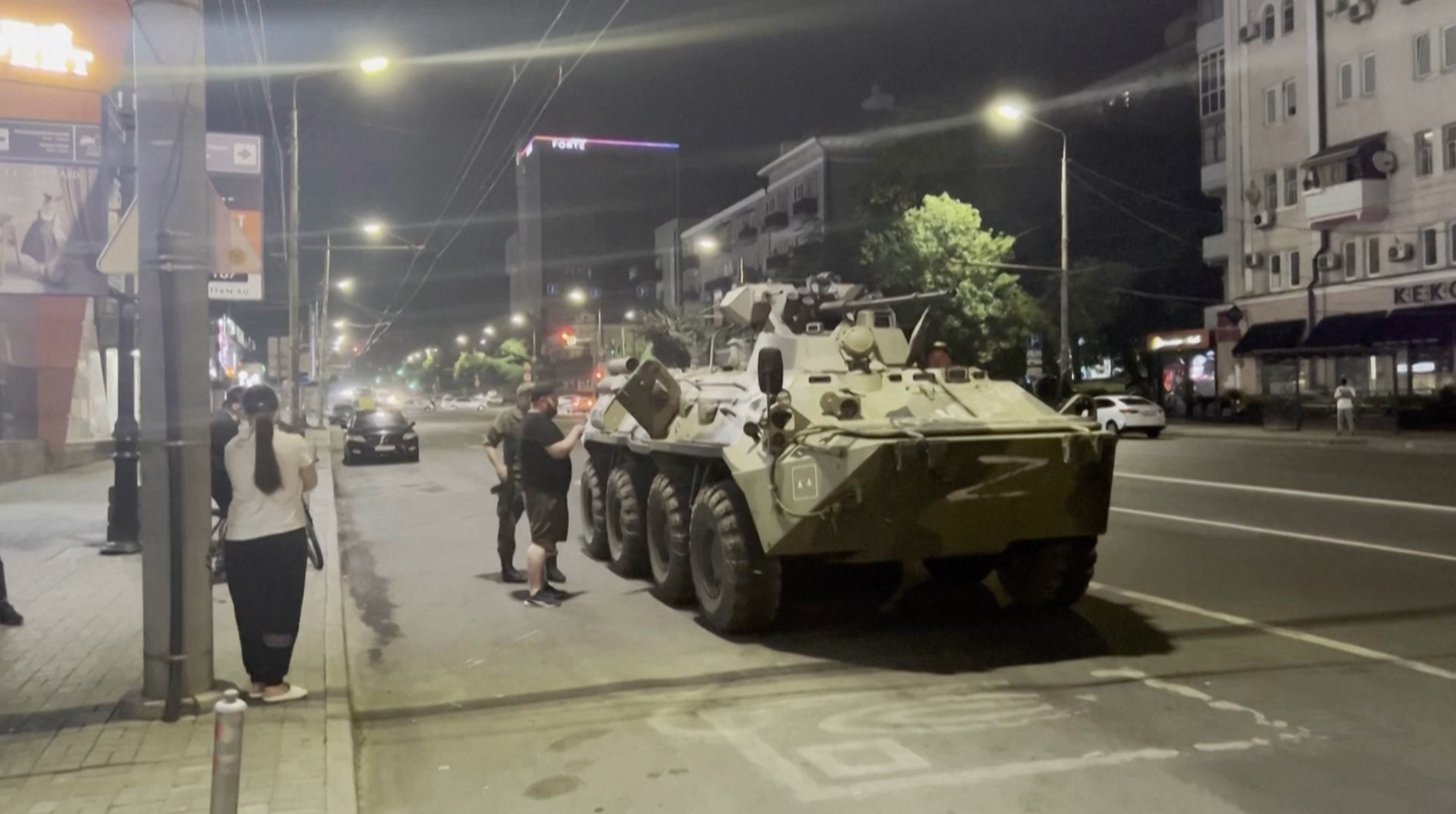 Military vehicles seen in Russia's Rostov as security is tightened over Wagner 'coup' on June 24, 2023.