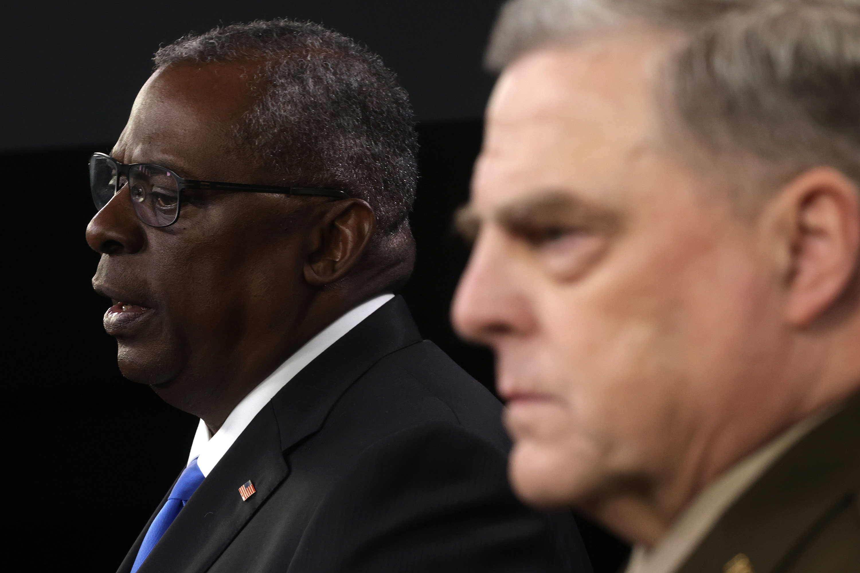 US Secretary of Defense Lloyd Austin speaks alongside Chairman of Joint Chiefs of Staff Gen. Mark Milley at a news briefing at the Pentagon on July 21.