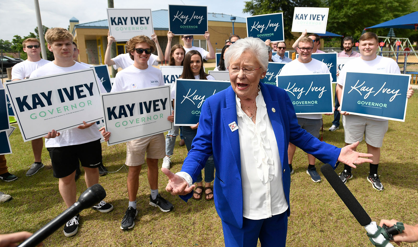 Alabama Gov. Kay Ivey talks with the media after voting at the Cleveland Avenue YMCA polling place in Montgomery, Alabama, on May 24. 