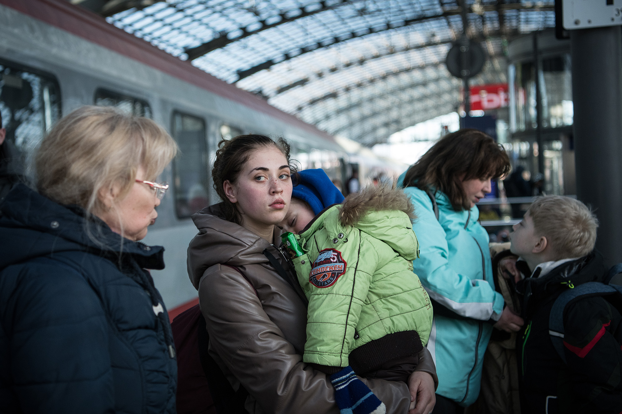 People fleeing war-torn Ukraine arrive on a train from Poland at the city's Hauptbahnhof main railway station on March 9 in Berlin, Germany. 