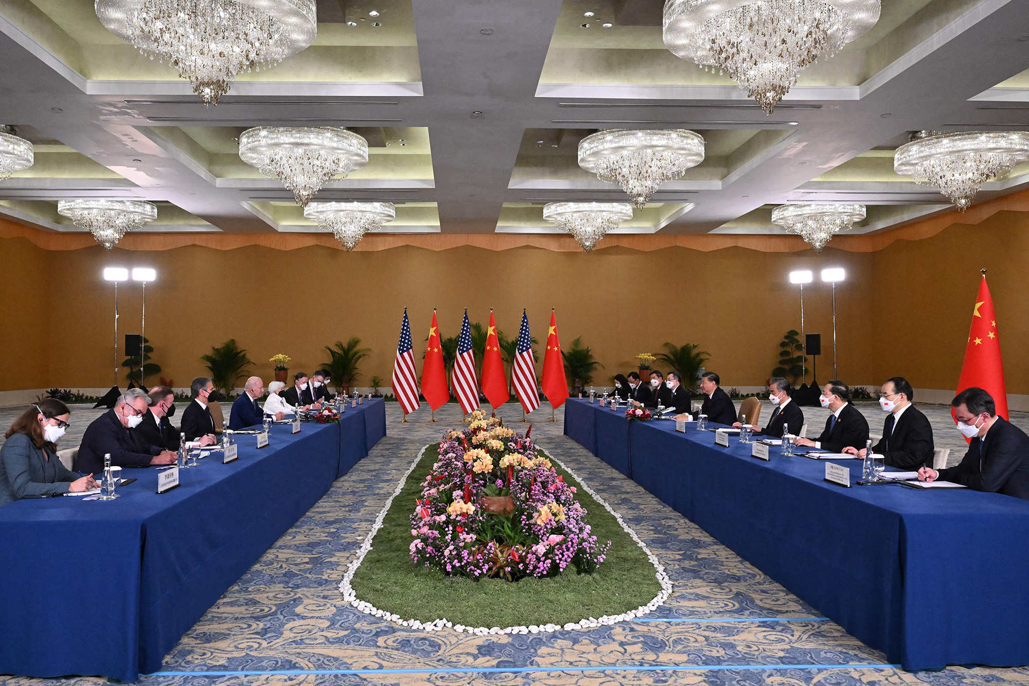 US President Joe Biden, left, and China's President Xi Jinping meet on the sidelines of the G20 Summit in Nusa Dua on the Indonesian resort island of Bali on November 14.