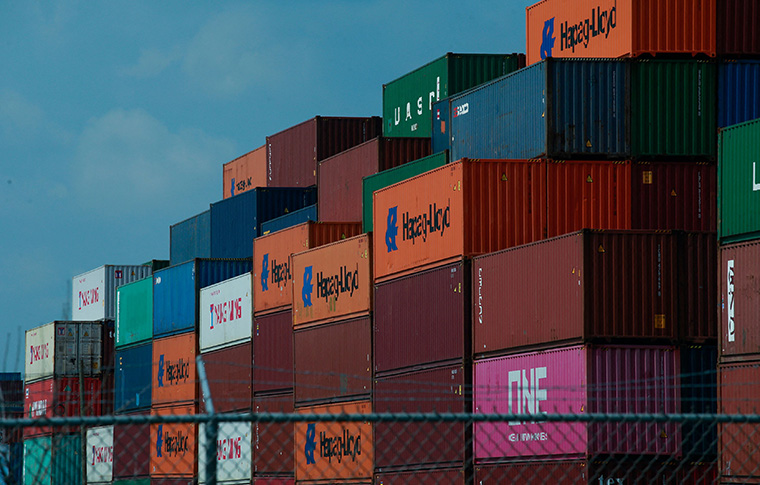 Shipping containers are stored at the Port Newark Container Terminal in Newark, New Jersey, on July 21.