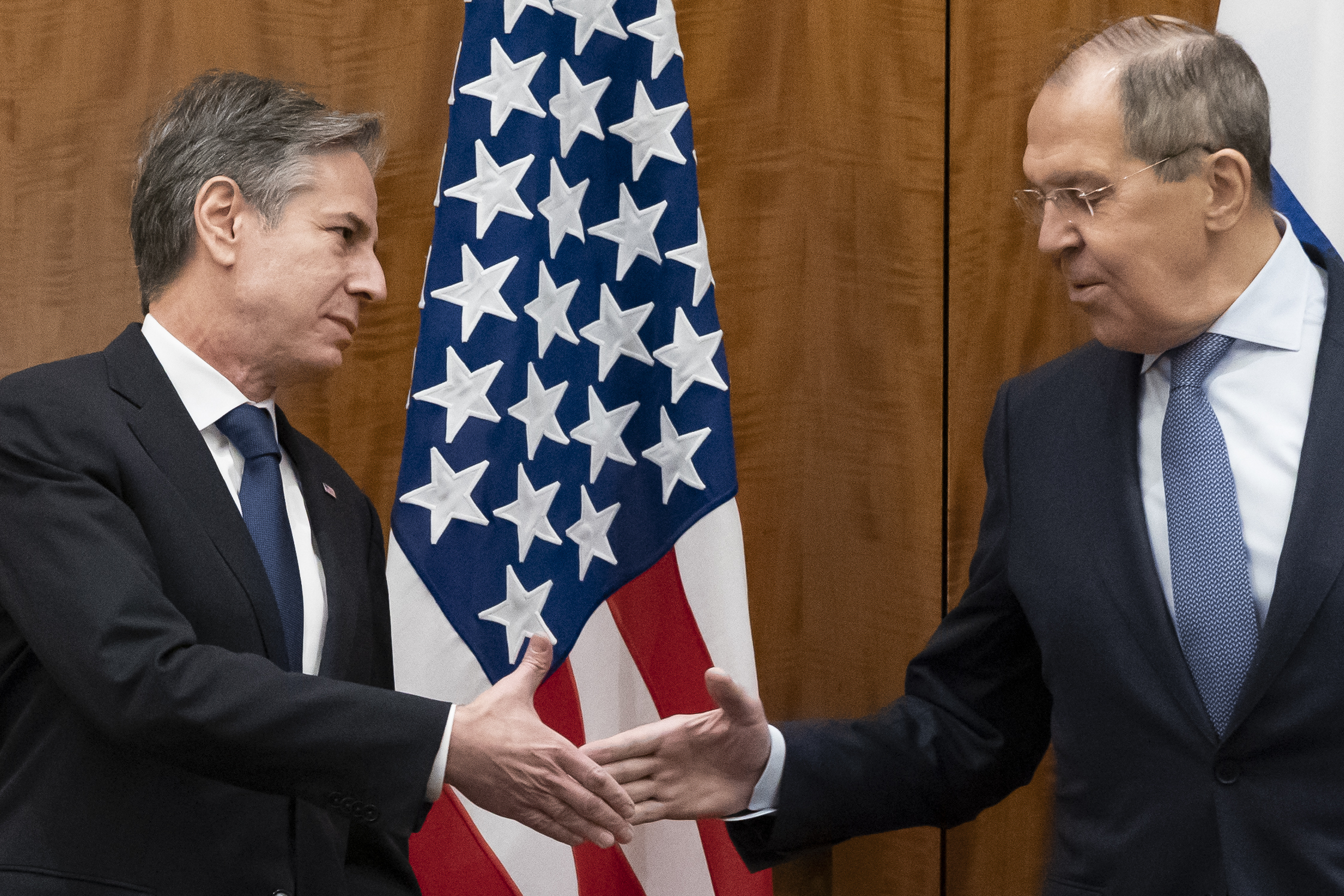 Secretary of State Antony Blinken greets Russian Foreign Minister Sergey Lavrov before their meeting, Friday, January 21 2022, in Geneva, Switzerland. 