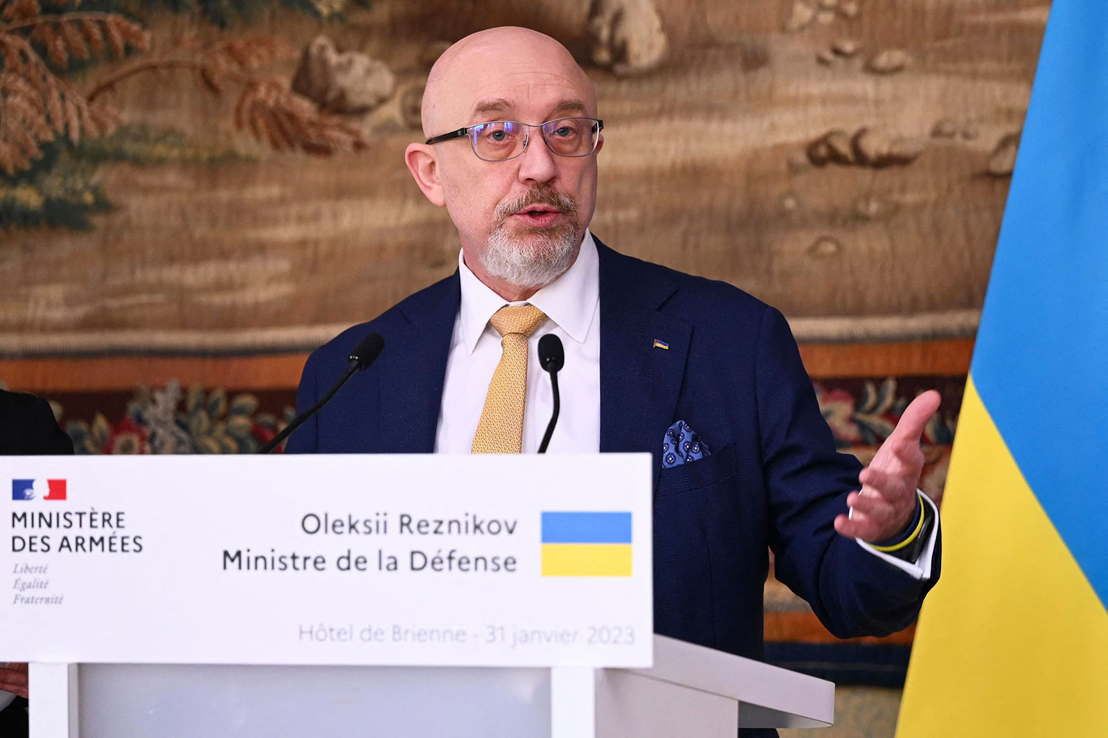 Ukrainian Defense Minister Oleksii Reznikov speaks during a press conference in Paris on January 31. 